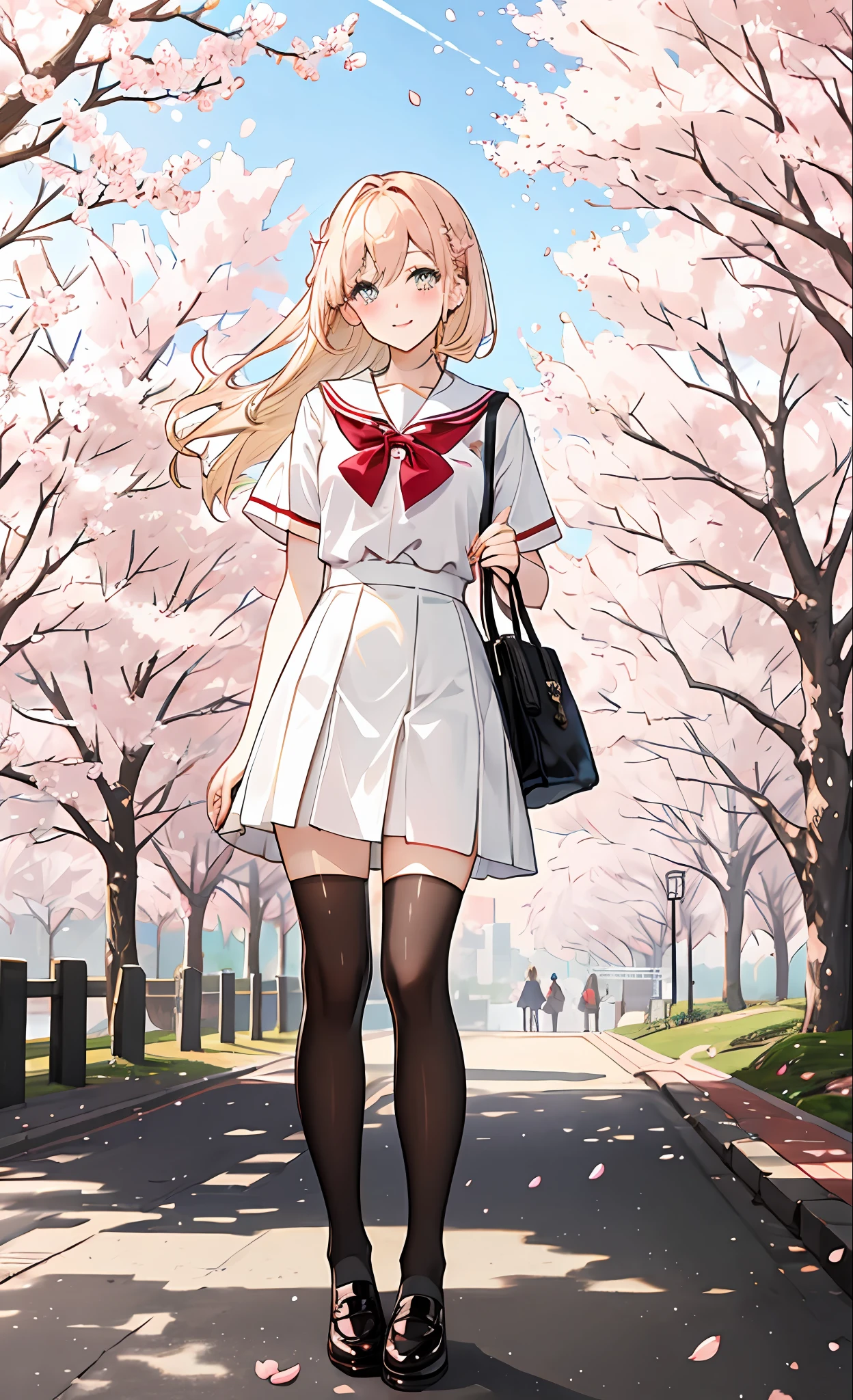 school clothes，White top，Black stockings，Wear leather shoes，Thin leg，photographed，coiffed blonde hair，（cherry blossums），parks，to stand，blush on，meet，手拿👜手提包，makeups，lipsticks，sun beam，Cherry blossoms fall