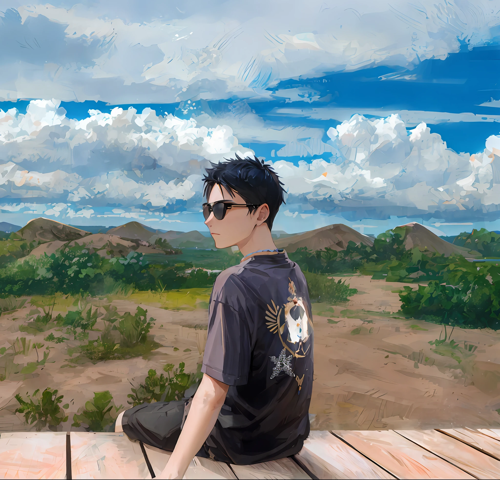 Draw a man with some stubble sitting on a wooden bench looking out at the desert landscape, made with anime painter studio, Guviz-style artwork, painted in anime painter studio, anime landscape, Detailed fanart, official fanart, digital painting highly detailed, anime realism style, Anime style mixed with Fujifilm, landscape artwork, High-quality fanart