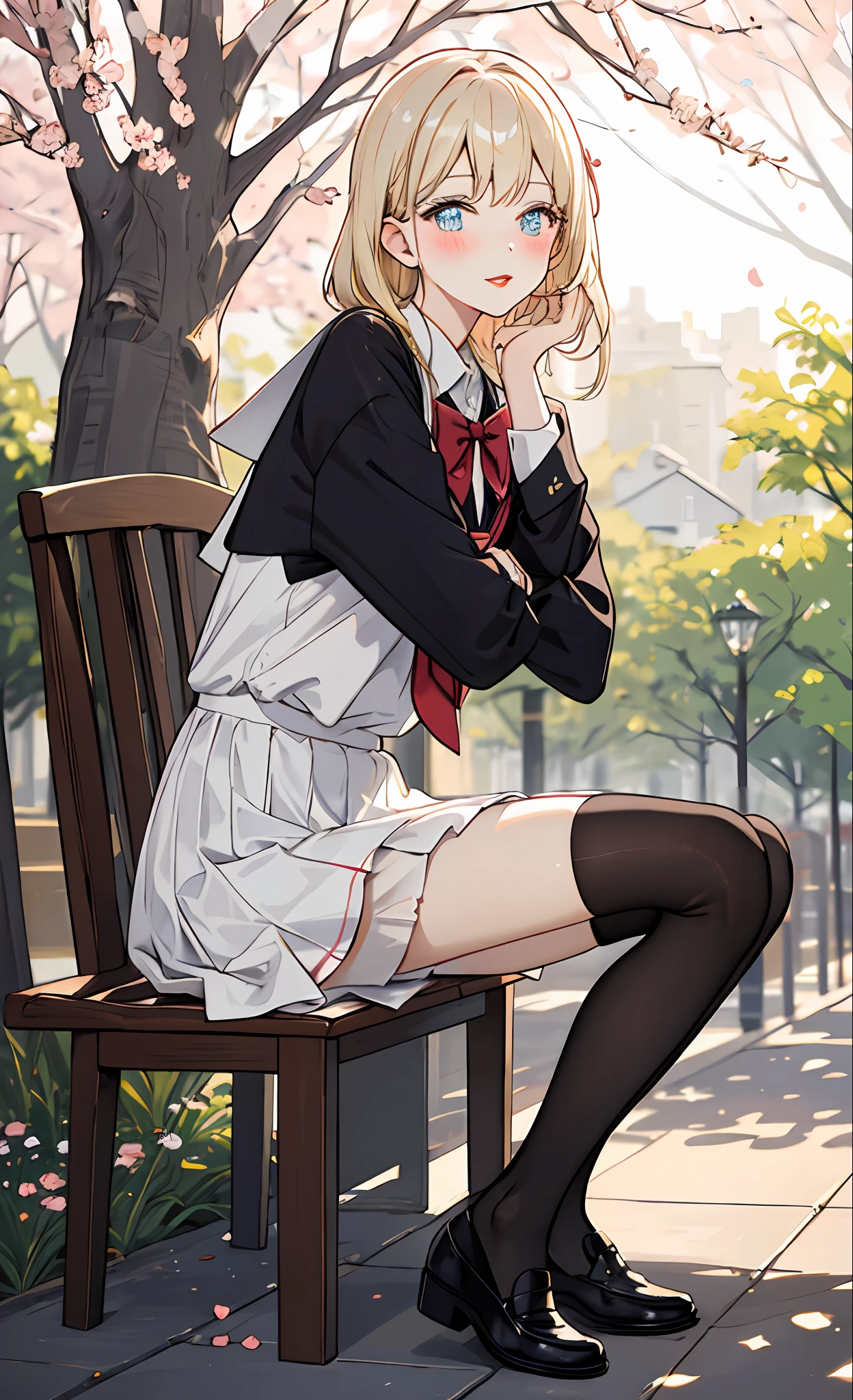 school clothes，White top，Black stockings，Wear leather shoes，Thin leg，photographed，coiffed blonde hair，（cherry blossums），parks，Sitting down，blush on，makeups，lipsticks，sun beam