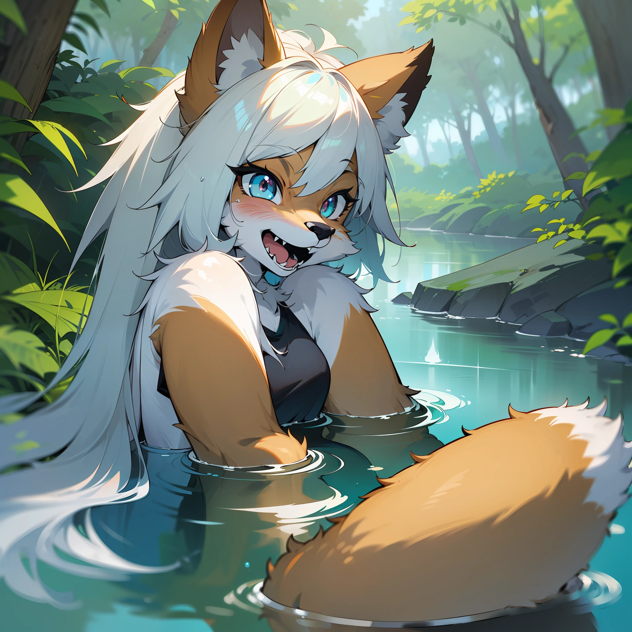 Top quality, ultra-fine illustrations, bathing in water, beautiful refraction of water, black shorts, transparent clothing, Rich colors, Dreamy, mystical, erotic(In the forest where the stream flows, Backlighting)(beautiful face and eyes with great detail)absurdres, perfect anatomy((Beastboy))(Furry, angelic cute 1boy, Solo focus)(furry anthro:1.7)(((furry body, Facial features of animal, Features of the animal body)))(((muzzle of the animal, very detailed furry body of animal))))full body, Smile (portrait),