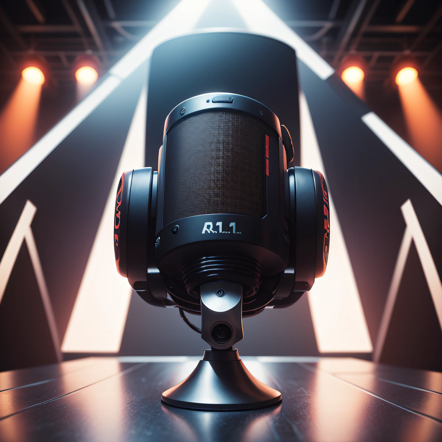 A studio microphone logo designed for your company's marketing materials. The microphone is depicted as a sleek, modern design with a metallic finish. It stands out against a background of vibrant red stage lights, creating a dynamic and captivating visual effect. The logo represents professionalism and creativity, and it will be used across all marketing platforms, including your website, social media, and printed materials. Artwork, digital illustration, with clean lines and bold colors, --ar 1:1 --v 5 --auto