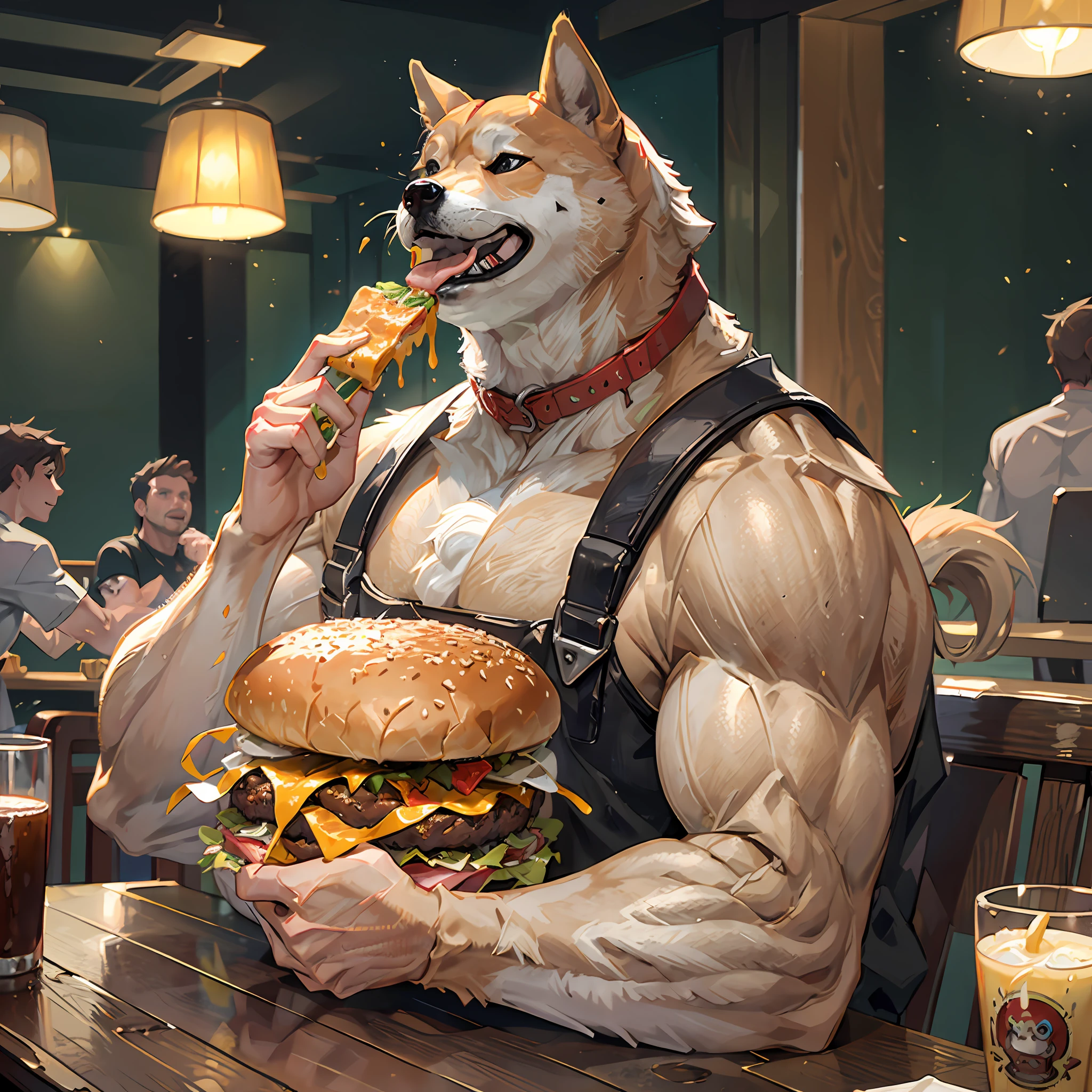 a professional photo of [(((buff Swoledoge))):buff Swoledoge:8], grinning, dog body, eating a large burger in a restaurant, cinematic dramatic light, smooth transition, bokeh