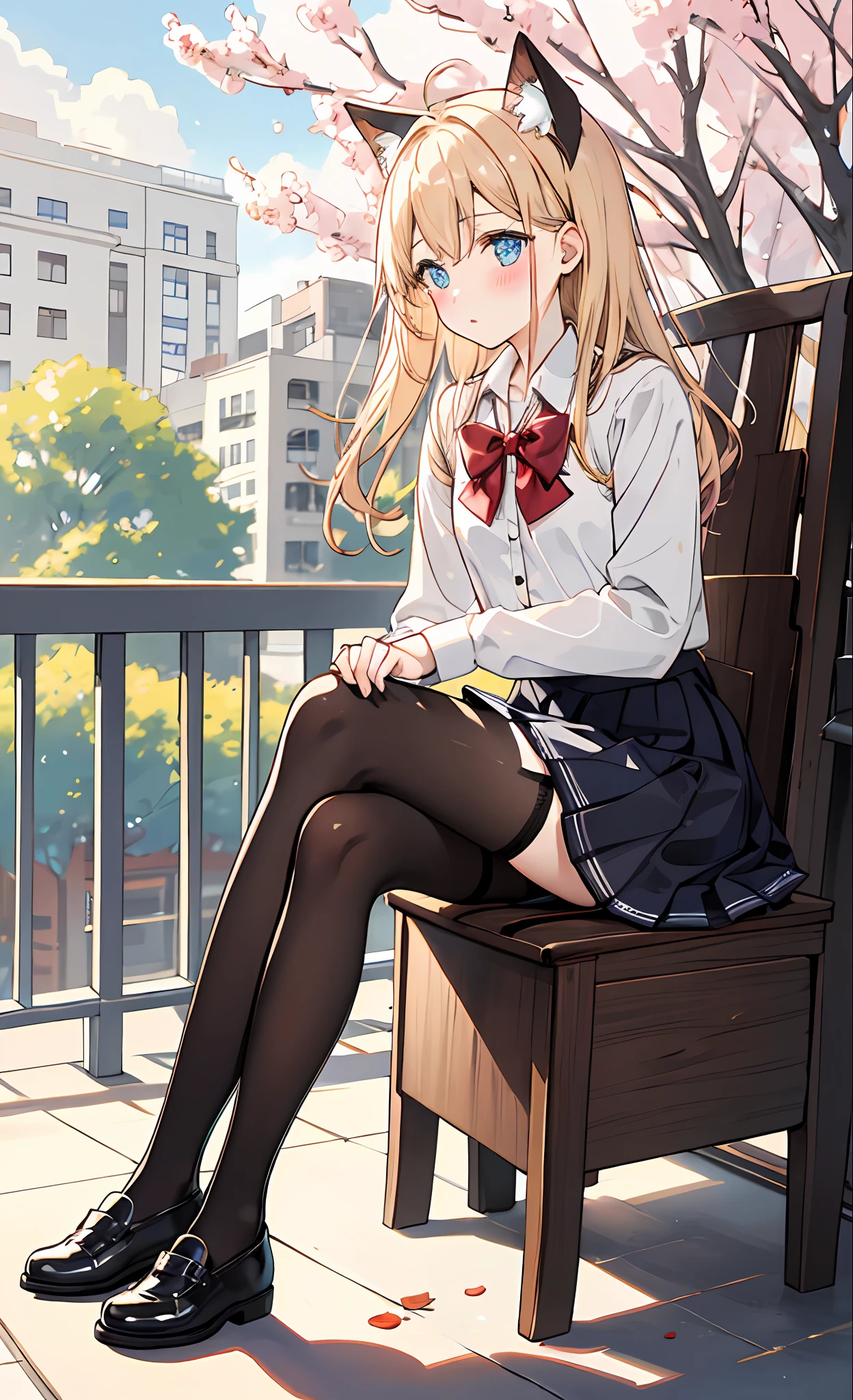 school clothes,White top,black lence stockings,leather shoes,button,Bow,Thin leg,photographed,coiffed blonde hair,(cherry blossums),parks,sitting down,blush on,makeups,slogan,sun beam