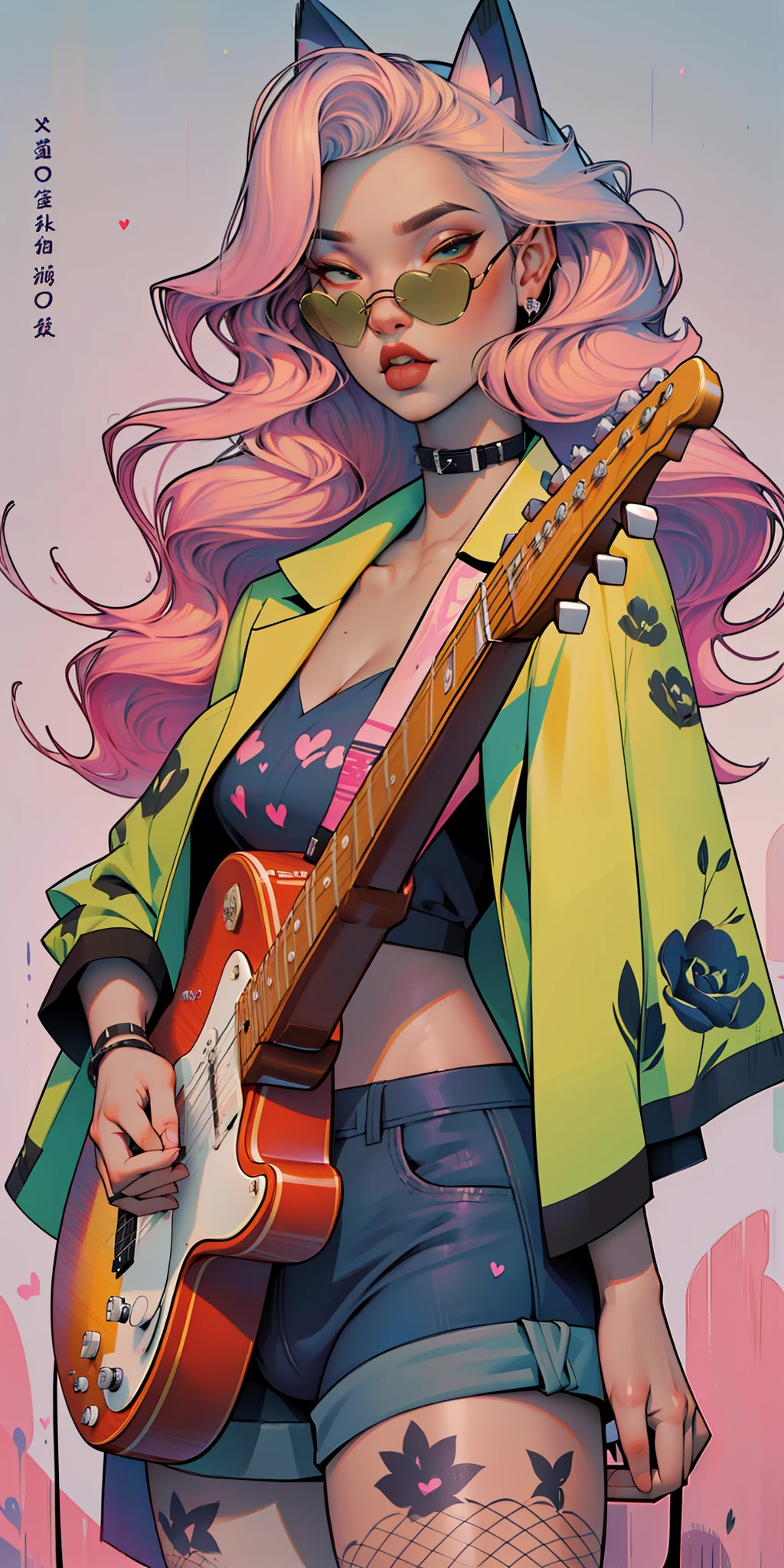 Background, In chic boho style, in club, Ice cream print, multi-colored neon lights, neon garlands, rose hair, mixed-language_SMS, Japanese, (beautiful and clear background:1.2),, fantastic paintings ,graffit style, highly detail eyes , underwear, lace, latex, Pink, Purple, mint, Blue, Yellow, belve, lavender hair, Skull Print, body piercings, Loving, Love, ultra detail hair, Masterpiece, Best Quality, hiquality, hight resolution, detail enhancement, ((most beautiful image in the world)), Masterpiece, Best Quality, hiquality, hight resolution, detail enhancement, ((most beautiful image ), Shiny pink degrade hair, Ultra Short Fitted Stampa, art by stjepan sejic, art by j scott campbell, Artist Guillem March, art by citemer liu, 4k, hight resolution, comic book character, comic, high quality detailed,   style of ::2.0 comix illustration style,tatoon style, hiquality, hight resolution, detail enhancement, 8K, HD, Best Quality, hiquality, hight resolution, detail enhancement, 8K, HDR, sharp-focus, Ultra Detailed, perfect  lighting, Curvy Body, Lush breasts, Curvy hips, skull print on clothes, rock, rock star, Cool,black leather jacket with skull print, style of, spikes, Punk Rock, Wolf, Cat's ears, Cool bracelets, Choker, calavera, gotik, Short shorts, fishnet pantyhose,  (((plays the guitar))) plays the electric guitar, Plays, electric guitar, musician, guitarist, neon strings, virtuoso, Heart Print, Heart, glares, Multi-colored highlights, disco, cacti,  Succulents,