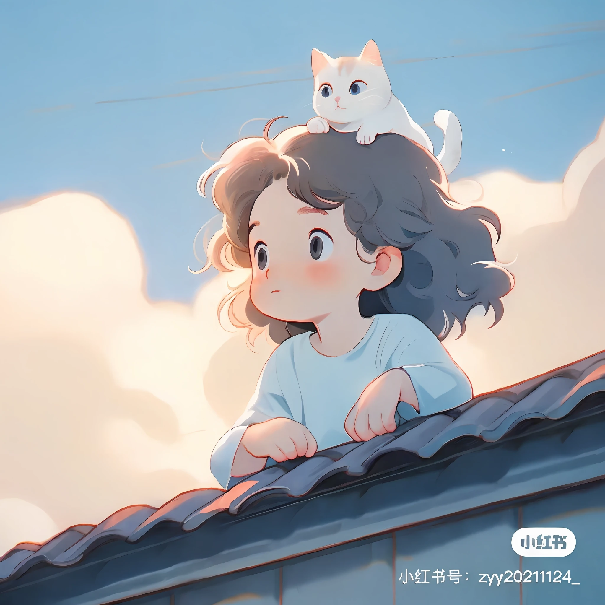 Anime girl looking at the roof with cat on her head, Look ahead,Sky blue long sleeves