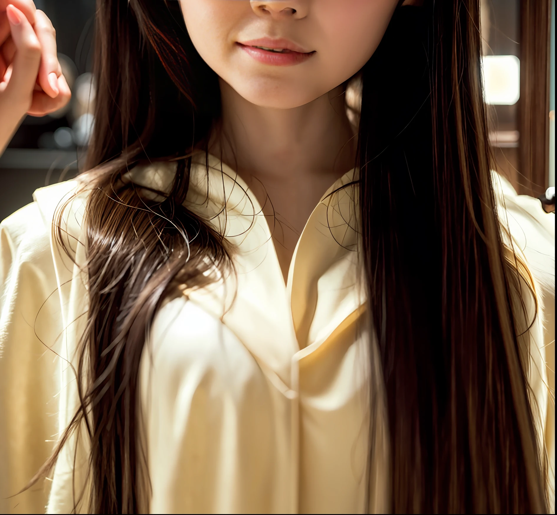 Has long hair, with round face, White round face, young lovely Korean faces, wan adorable korean face, with same hairstyle, with long hair and piercing eyes, soft round face, Asian girl with long hair, She is facing the camera,with long dark hair