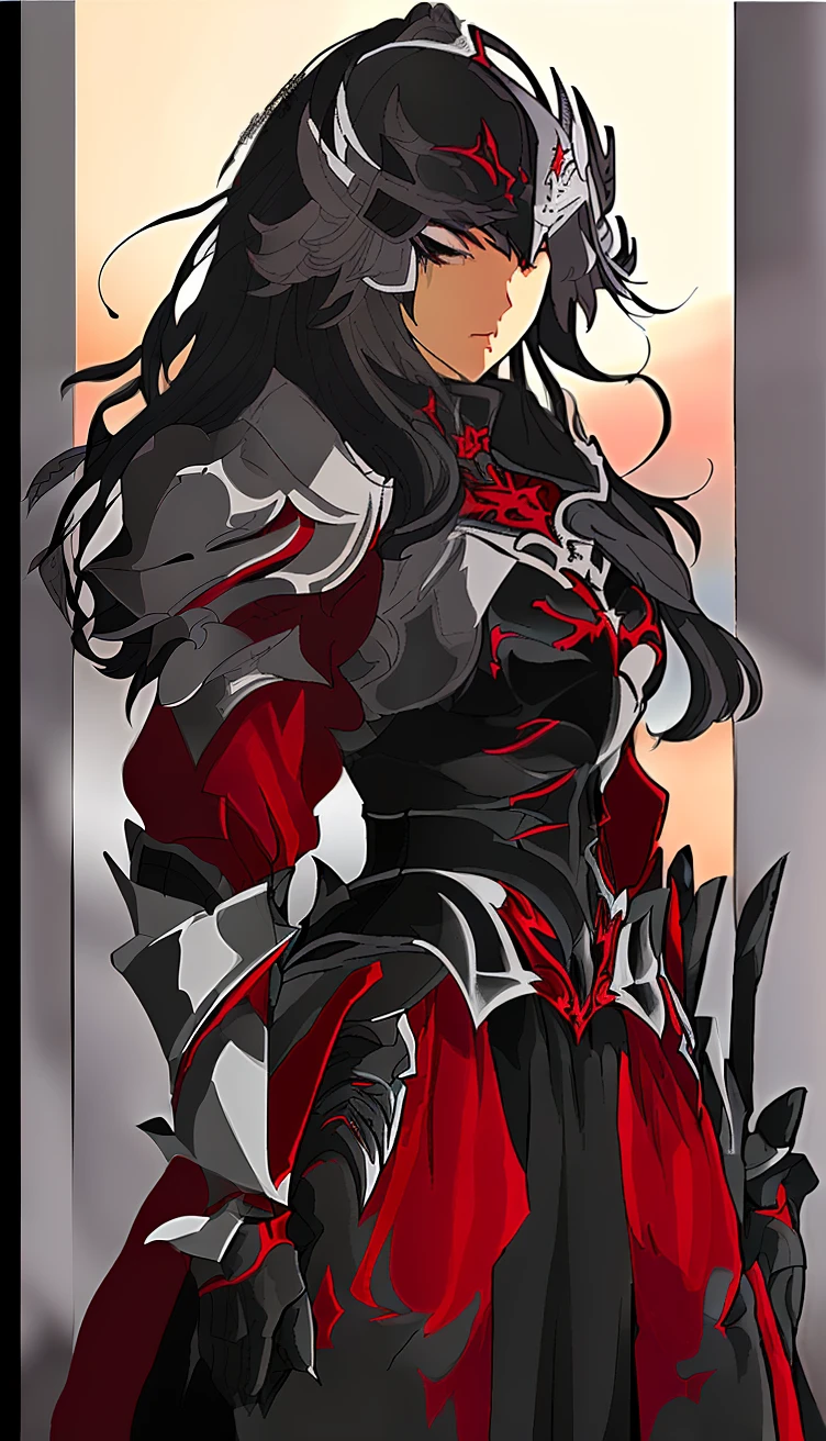 a woman in a red dress holding a sword and a sword, , lady in red armor, Armor Girl, Red armor, Black and red armor, of a beautiful female knight, black and reddish color armor, Beautiful character painting, thick armor, Beautiful armor, female anime character, Female knight, Stunning character art, gorgeous female paladin