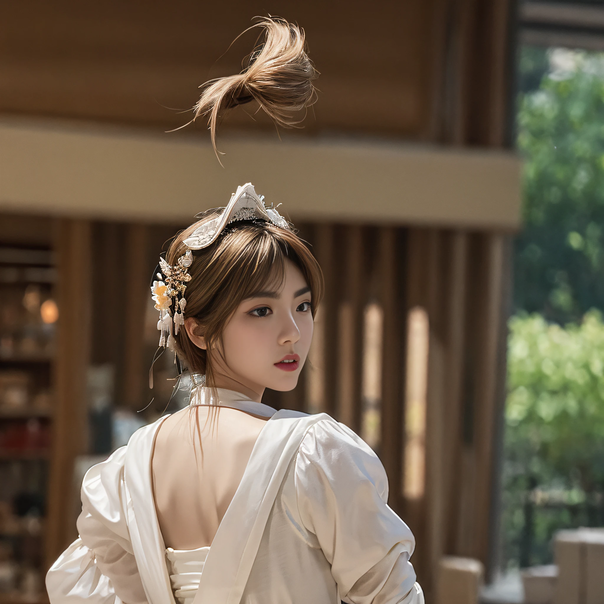 Screen description:Bust photo,White skin,Wears antique hair ornaments,Back back three-quarters back。High-quality characters。