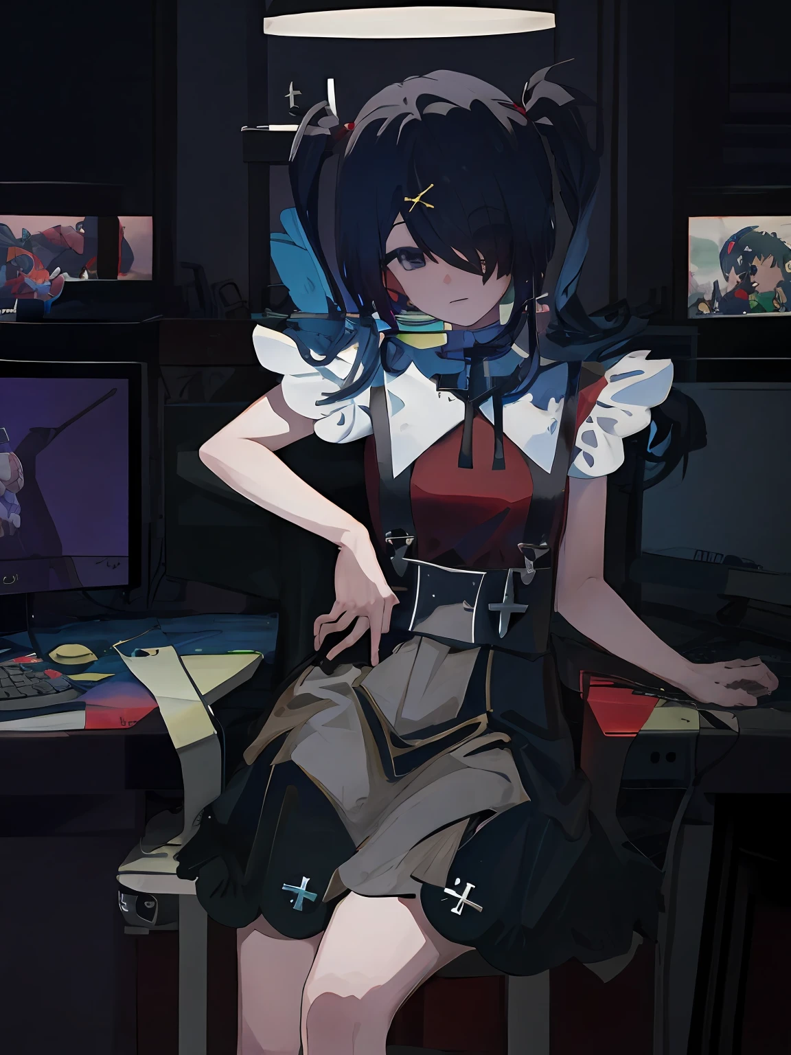 2d, anime art, (masterpiece:1.2), best quality, absurdres, ame-chan, red shirt, black skirt, twintails hairstyle, (hairpin cross:1.35),playing video games, sitting at desk, computer, gaming, headphones,pastel