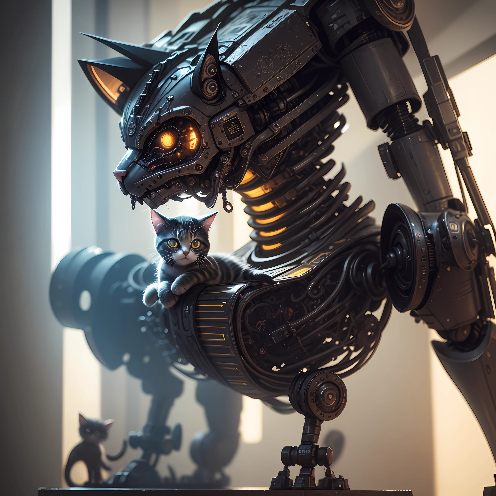 A cute kitten made of metal, robot, cyberpunk style, ((intricate details)), hdr, ((intricate details, super detailed)), cinematic footage, vignette --auto