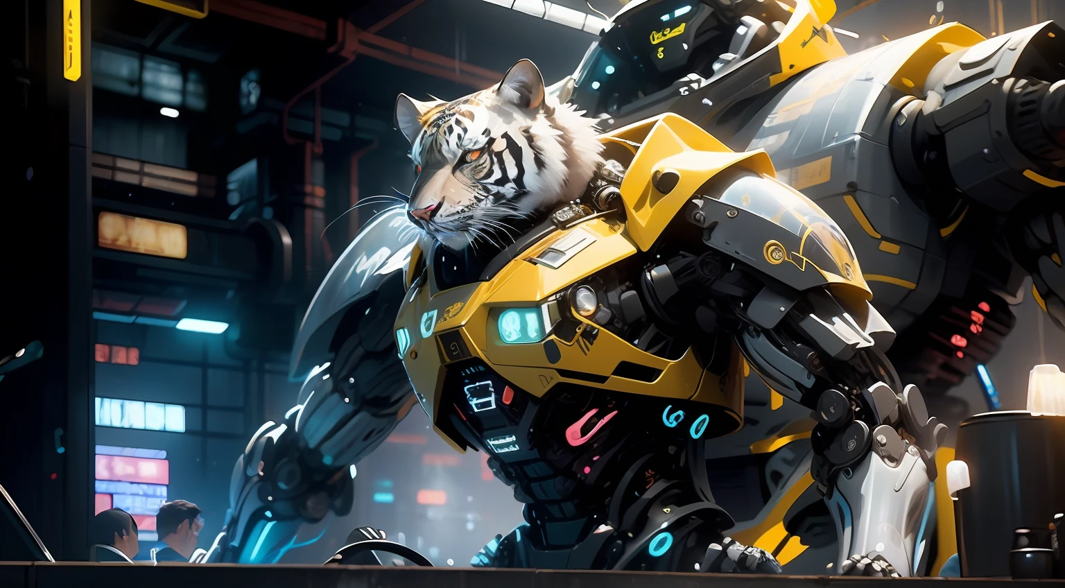 (((Best quality))), ((Ultra-detailed)),((Anthropomorphic illustration)),((biomechanic exosuit)),South China Tiger,dynamic anime,a beautiful tiger with blue eyes,Hyper-realistic,Close-up,Futuristic animal,,transparent plastic,Dreamy，Emits a shimmering light，cooltones，Mechanical armor，Strengthen your body，Metallic glass luster，Glass texture, speeding camera shot, commerciaphotography, Cyberpunk style, perfect lightingeffects, illusory engine,Mechanical animal，The tiger wears mechanical armor ，Space base，Cosmic science fiction --auto