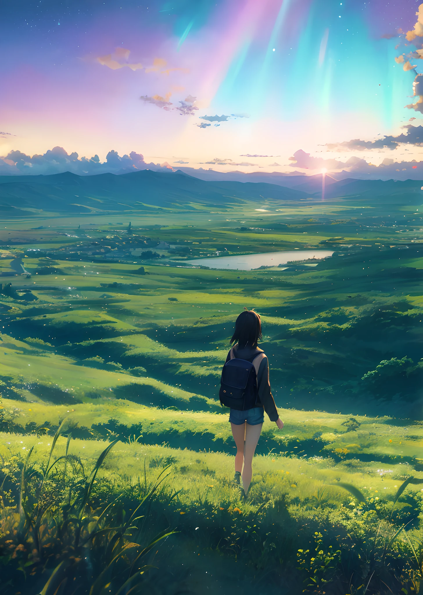 anime girl looking at the sun over a green field, makoto shinkai. —h 2160, makoto shinkai cyril rolando, ( ( makoto shinkai ) ), makoto shinkai. digital render, makoto shinkai art style, in style of makoto shinkai, makoto shinkai!, style of makoto shinkai