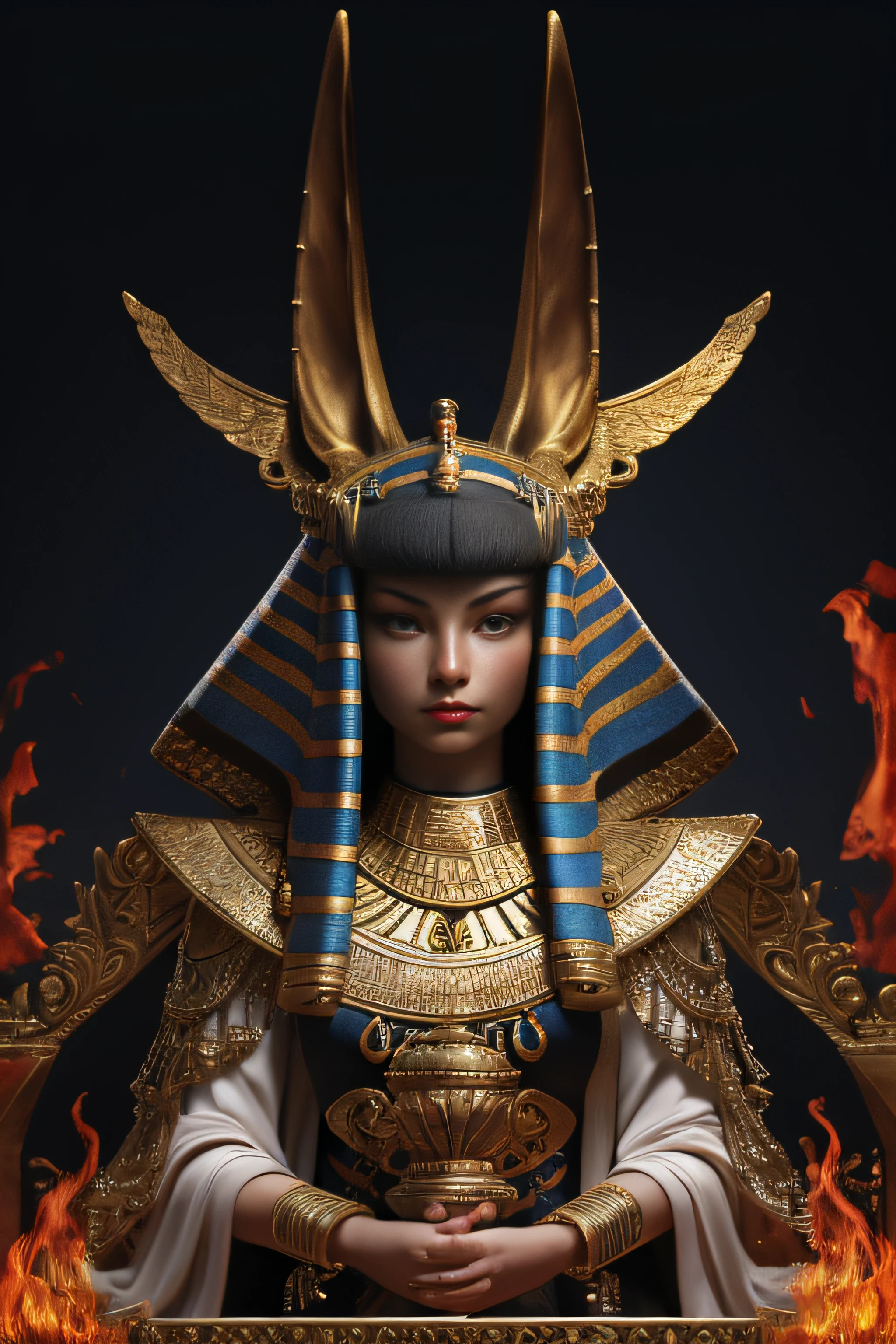 1girl, solo, portrait of godanubis with altar of fire, ornate, egypt, energy, aura, dust, debris,