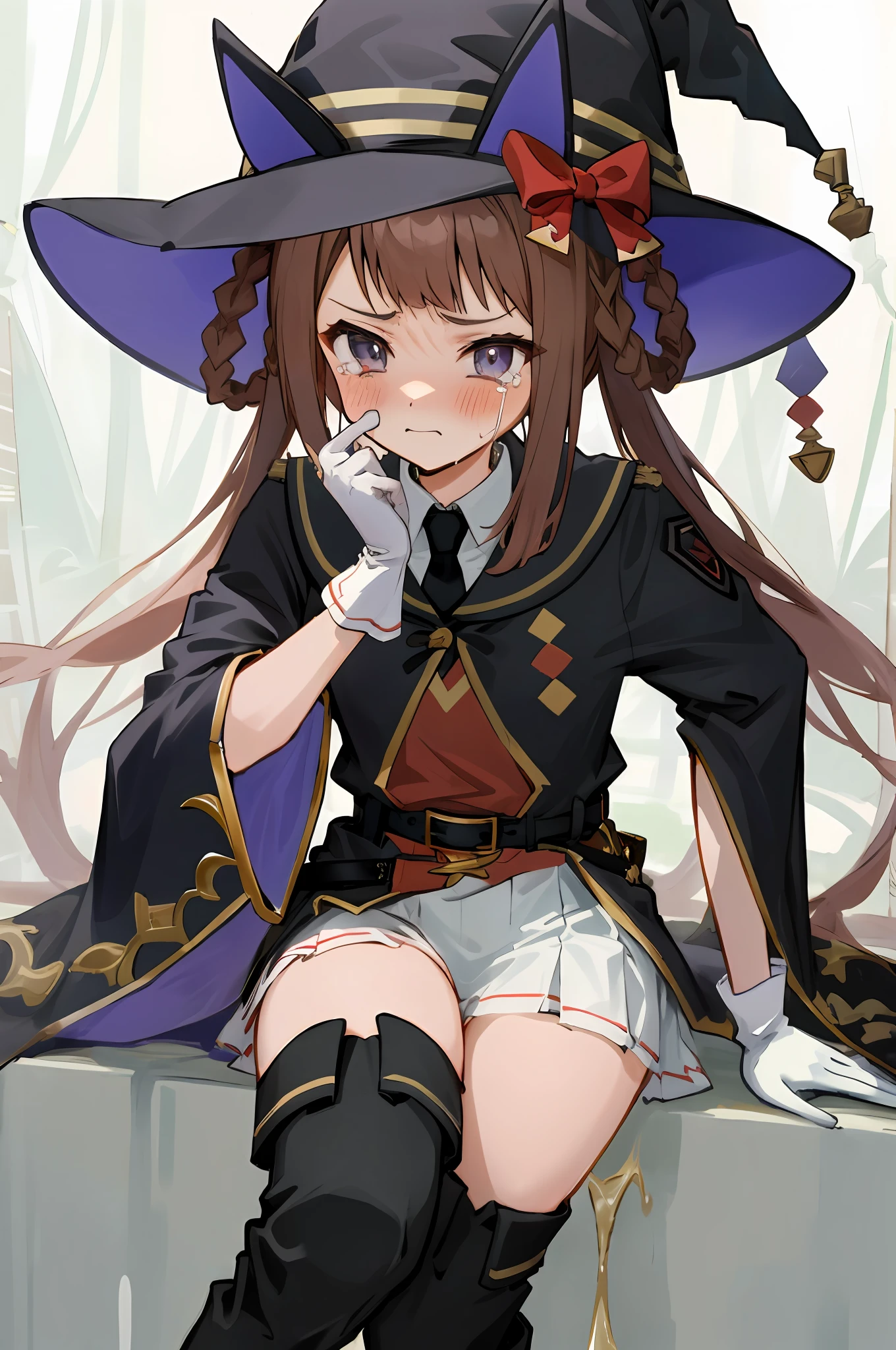 masterpiece、beste-Qualit、Best-aesthetic、ultra-detailliert、Sweep Tosho\(Umamusume\)、witch's hat、Black hat、Black tie、shirt with collar、Red Shirt、white glove、Wide sleeves、Black jacket、black robes、buckles、a belt、White skirt、pleatedskirt、black thighhighs、Thigh boots、High heeled boots、sitting on、pantyshot、POV crotch、white panties、crotch seam、Slouched、feet crossed、nice hand、(Girl is leaking pee)、My crotch is wet、is crying、My cheeks are dyed red、red blush、Crying、Classroom
