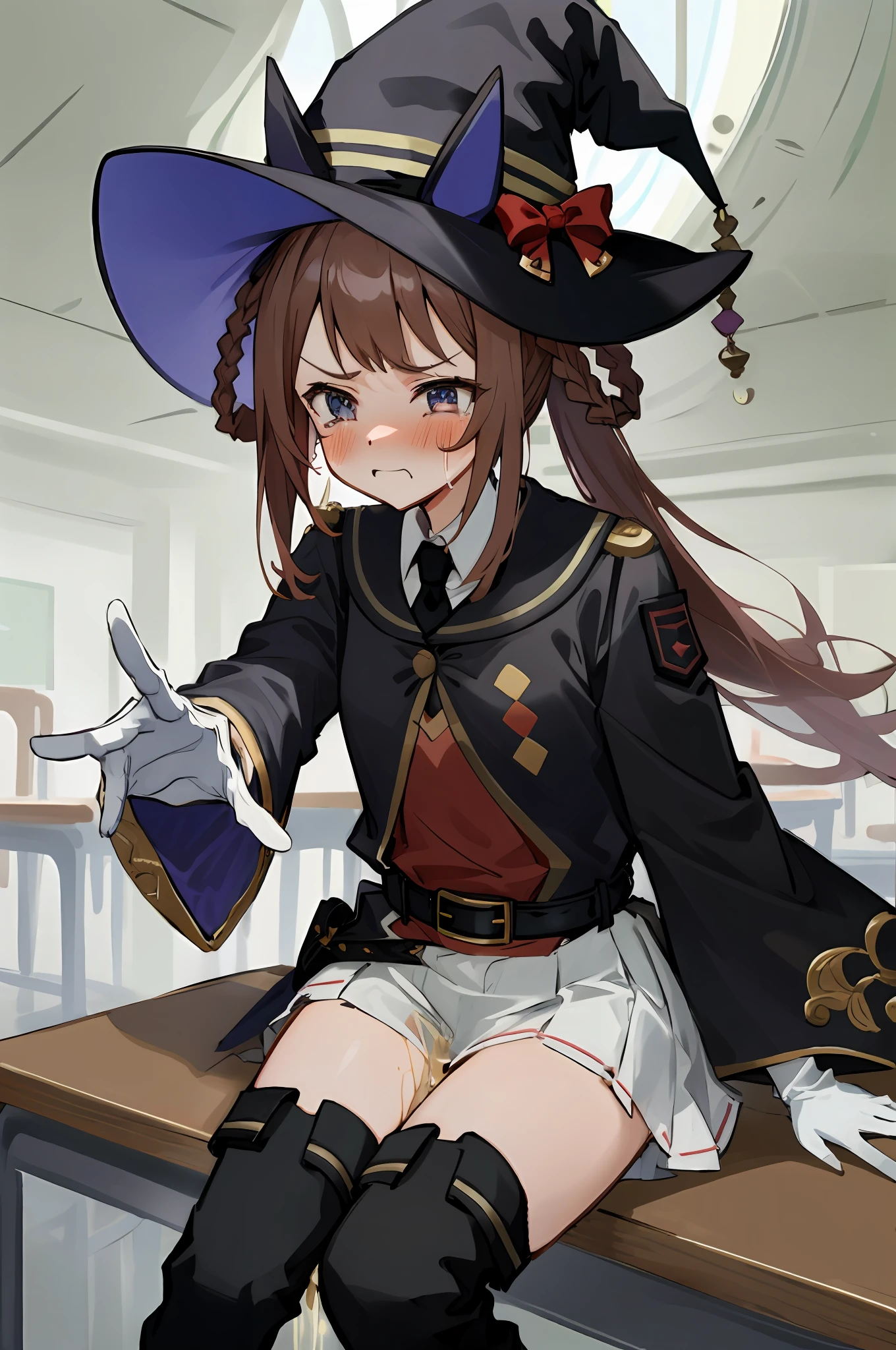 masterpiece、beste-Qualit、Best-aesthetic、ultra-detailliert、Sweep Tosho\(Umamusume\)、witch's hat、Black hat、Black tie、shirt with collar、Red Shirt、white glove、Wide sleeves、Black jacket、black robes、buckles、a belt、White skirt、pleatedskirt、black thighhighs、Thigh boots、High heeled boots、sitting on、pantyshot、POV crotch、white panties、crotch seam、Slouched、feet crossed、nice hand、(Girl is leaking pee)、My crotch is wet、is crying、My cheeks are dyed red、red blush、Crying、Classroom