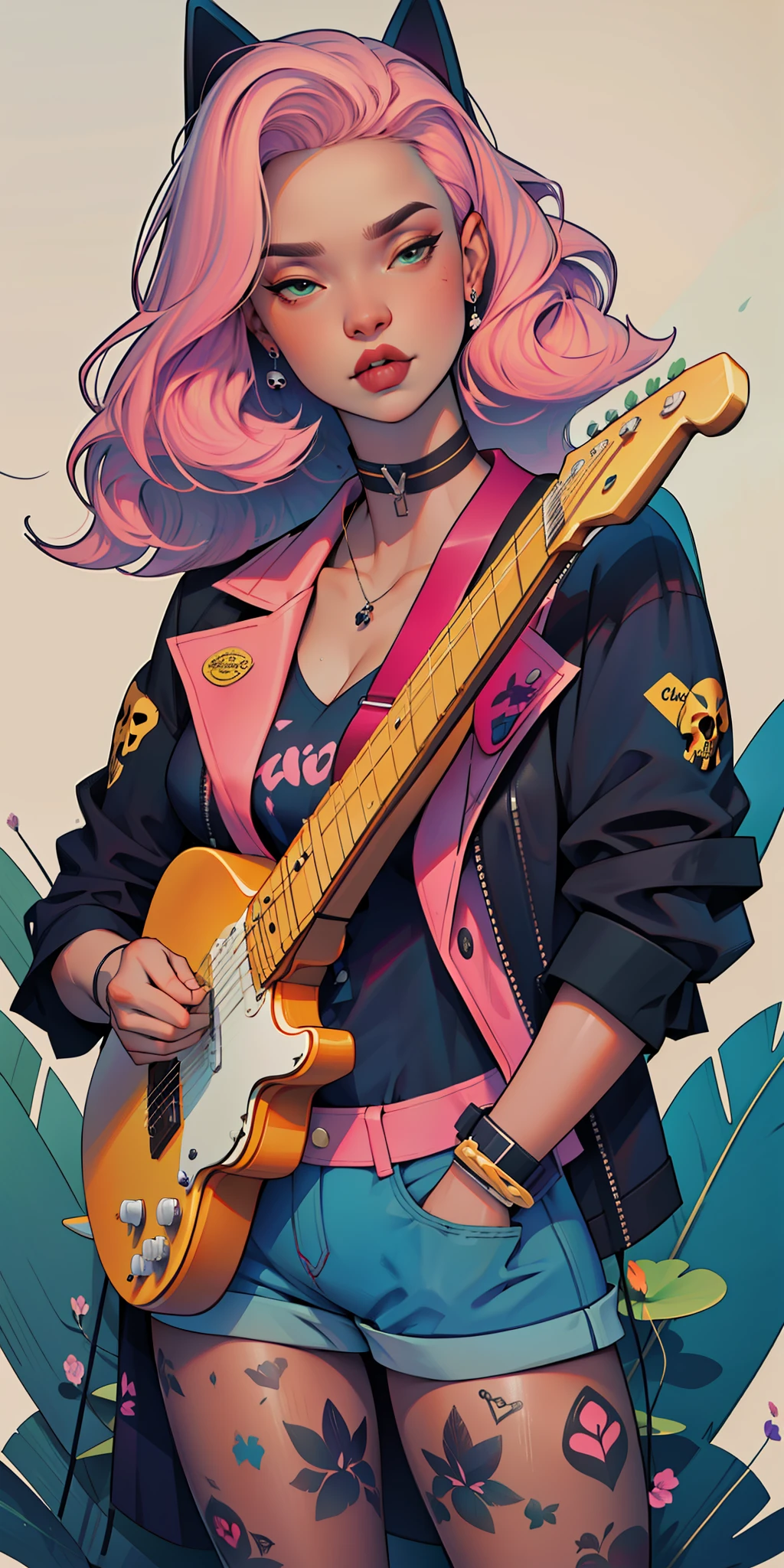 Background, In chic boho style, in club, Ice cream print, multi-colored neon lights, neon garlands, rose hair, mixed-language_SMS, Japanese, (beautiful and clear background:1.2),, fantastic paintings ,graffit style, highly detail eyes , underwear, lace, latex, Pink, Purple, mint, Blue, Yellow, belve, lavender hair, Skull Print, body piercings, Loving, Love, ultra detail hair, Masterpiece, Best Quality, hiquality, hight resolution, detail enhancement, ((most beautiful image in the world)), Masterpiece, Best Quality, hiquality, hight resolution, detail enhancement, ((most beautiful image ), Shiny pink degrade hair, Ultra Short Fitted Stampa, art by stjepan sejic, art by j scott campbell, Artist Guillem March, art by citemer liu, 4k, hight resolution, comic book character, comic, high quality detailed, style of ::2.0 comix illustration style,tatoon style, hiquality, hight resolution, detail enhancement, 8K, HD, Best Quality, hiquality, hight resolution, detail enhancement, 8K, HDR, sharp-focus, Ultra Detailed, perfect lighting, Curvy Body, Lush breasts, Curvy hips, skull print on clothes, rock, rock star, Cool,black leather jacket with skull print, style of, spikes, Punk Rock, Wolf, Cat's ears, Cool bracelets, Choker, calavera, gotik, Short shorts, fishnet pantyhose, (((plays the guitar))) plays the electric guitar, Plays, electric guitar, musician, guitarist, neon strings, virtuoso, Angel, feathers, cacti, Succulents,