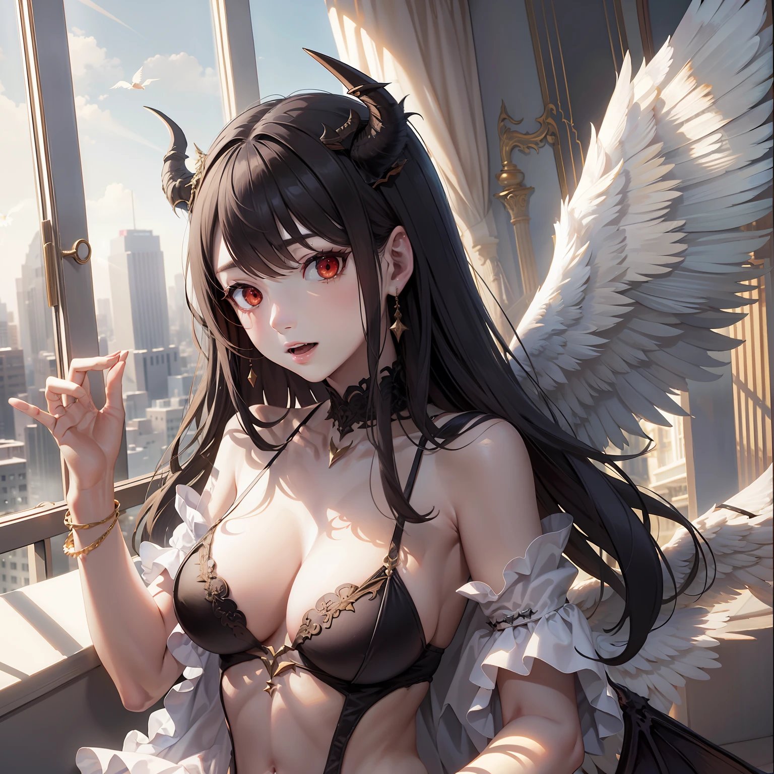 angel and demon，twins，2girls，The angel，devils，wings