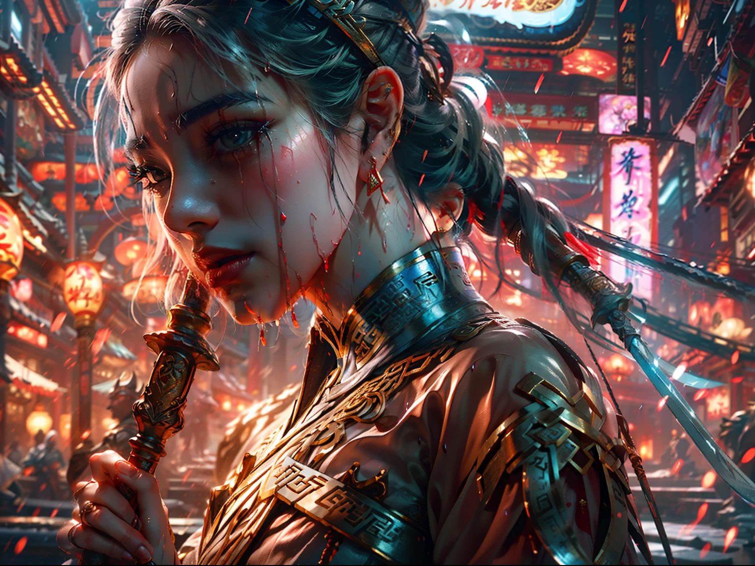 "From a low angle,full bodyesbian,The cinematic lighting showcases a stunning portrait of a masterpiece,A beautiful woman in a cheongsam,holding detailed a big Sword,Red lips are sweet,Wet silver hair adorns hairpins。Superb detail and exquisite Fuji-colored processing on UHD resolution complete this mesmerizing image。