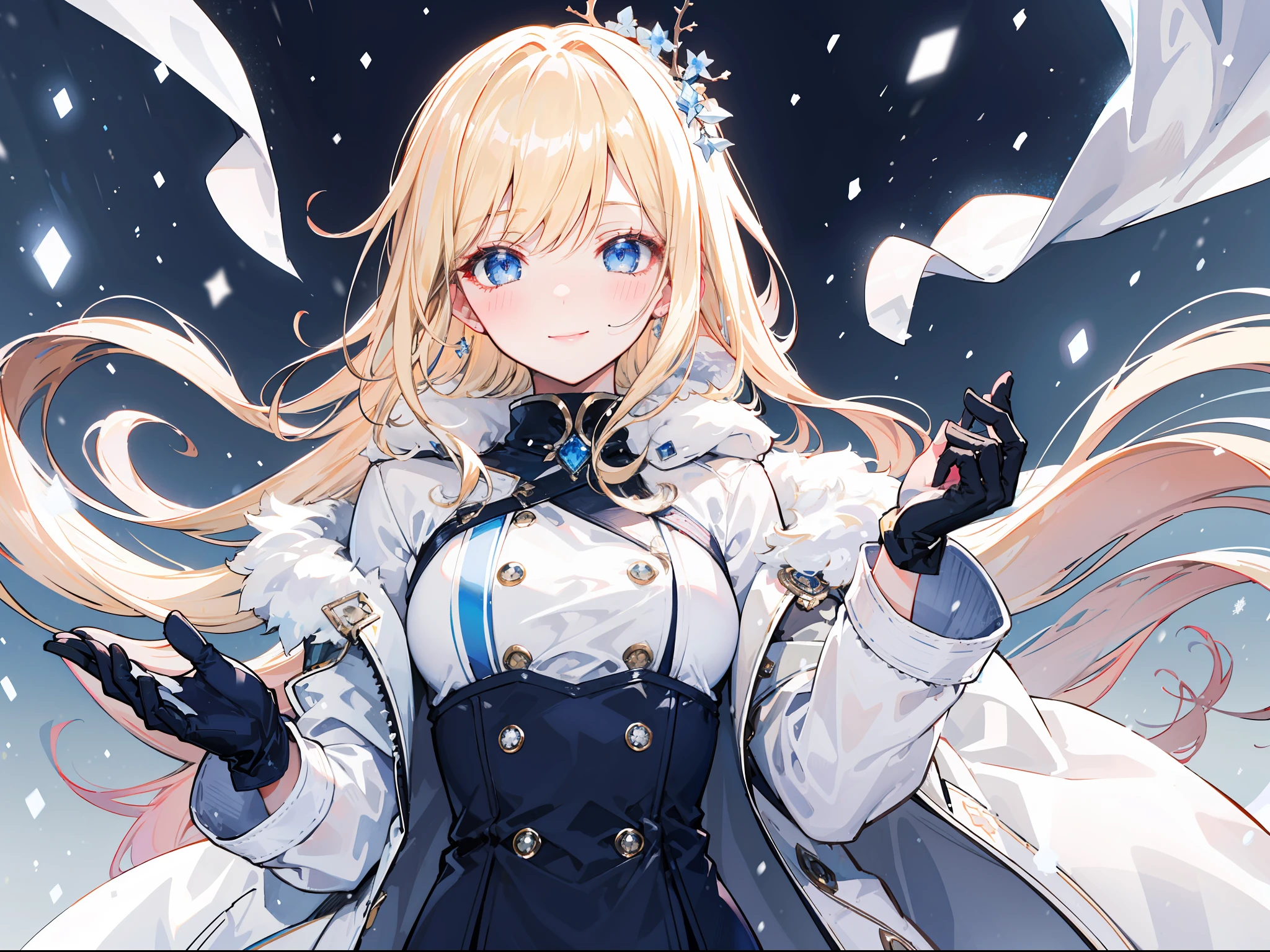 "Clam raining snow atmosphere, stunning 4k artwork featuring a confident elegant female long flowing vibrant light-blonde tied hair. Her eyes glowing blue. She sat elegantly and she smiling with blush, she was wearing a white snow modern coat and cute gloves"