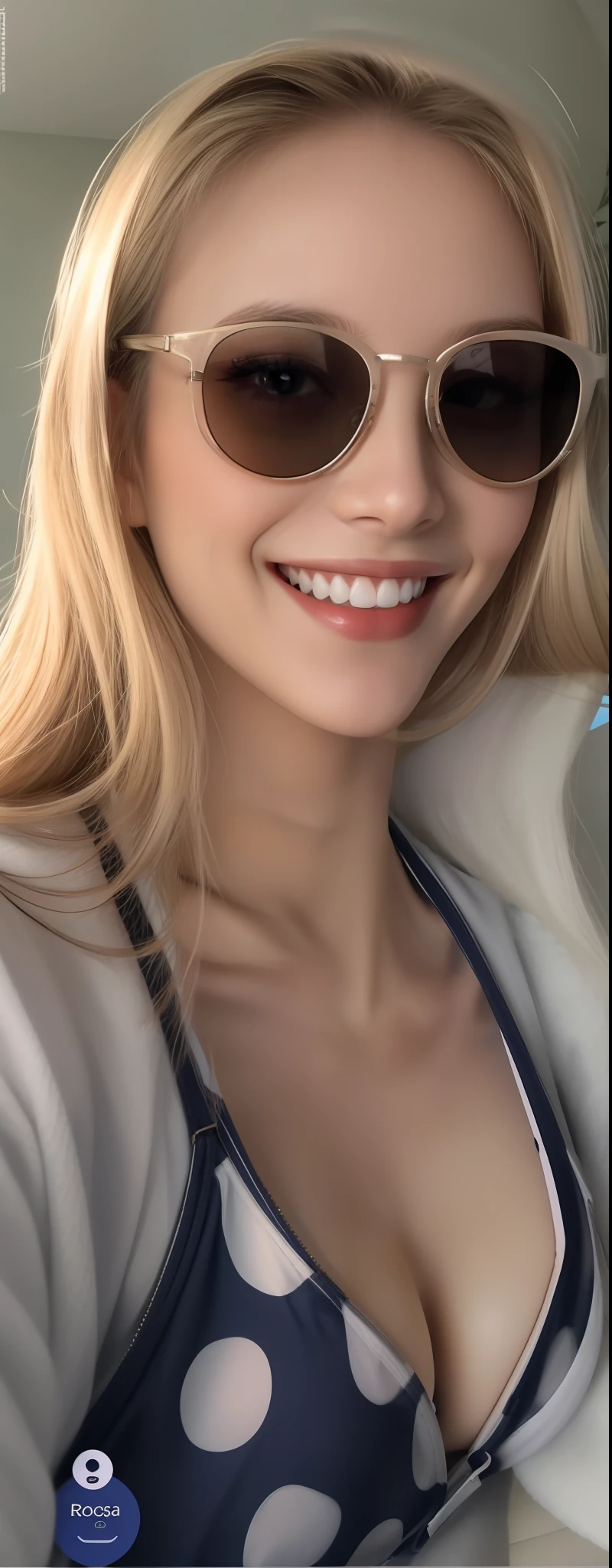 There's a gorgeous platinum blonde woman in a tiny bikini with gorgeous big boobs holding a cell phone, She is grinning, bonito e sorridente, she is smiling and happy, she is smiling and excited, lovely beautiful smile, grande sorriso em seu rosto, mulher de 30 anos, 3 0 anos de idade mulher, ela tem dentes brancos perfeitos, sorrindo sedutoramente, happily smiling at the camera, 2 5 I, gostosa