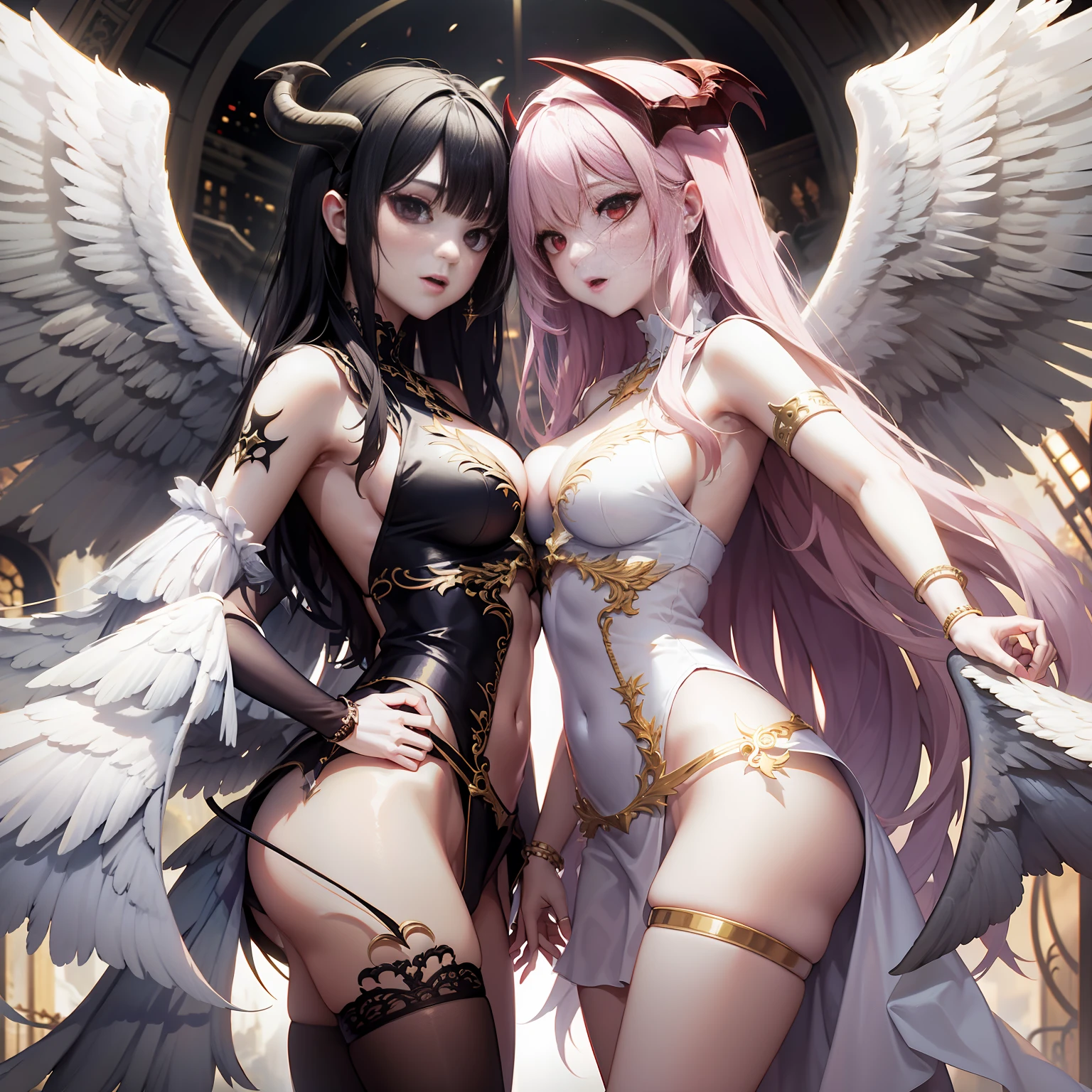 angel and demon，twins，2girls，The angel，devils，Wings