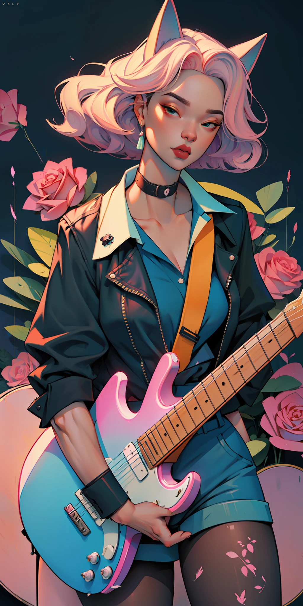 Background, In chic boho style, in club, Ice cream print, multi-colored neon lights, neon garlands, rose hair, mixed-language_SMS, Japanese, (beautiful and clear background:1.2),, fantastic paintings ,graffit style, highly detail eyes , underwear, lace, latex, Pink, Purple, mint, Blue, Yellow, belve, lavender hair, Skull Print, body piercings, Loving, Love, ultra detail hair, Masterpiece, Best Quality, hiquality, hight resolution, detail enhancement, ((most beautiful image in the world)), Masterpiece, Best Quality, hiquality, hight resolution, detail enhancement, ((most beautiful image ), Shiny pink degrade hair, Ultra Short Fitted Stampa, art by stjepan sejic, art by j scott campbell, Artist Guillem March, art by citemer liu, 4k, hight resolution, comic book character, comic, high quality detailed, style of ::2.0 comix illustration style,tatoon style, hiquality, hight resolution, detail enhancement, 8K, HD, Best Quality, hiquality, hight resolution, detail enhancement, 8K, HDR, sharp-focus, Ultra Detailed, perfect lighting, Curvy Body, Lush breasts, Curvy hips, skull print on clothes, rock, rock star, Cool,black leather jacket with skull print, style of, spikes, Punk Rock, Wolf, Cat's ears, Cool bracelets, Choker, calavera, gotik, Short shorts, fishnet pantyhose, (((plays the guitar))) plays the electric guitar, Plays, electric guitar, musician, guitarist, neon strings, virtuoso, Angel, feathers, cacti, Succulents,