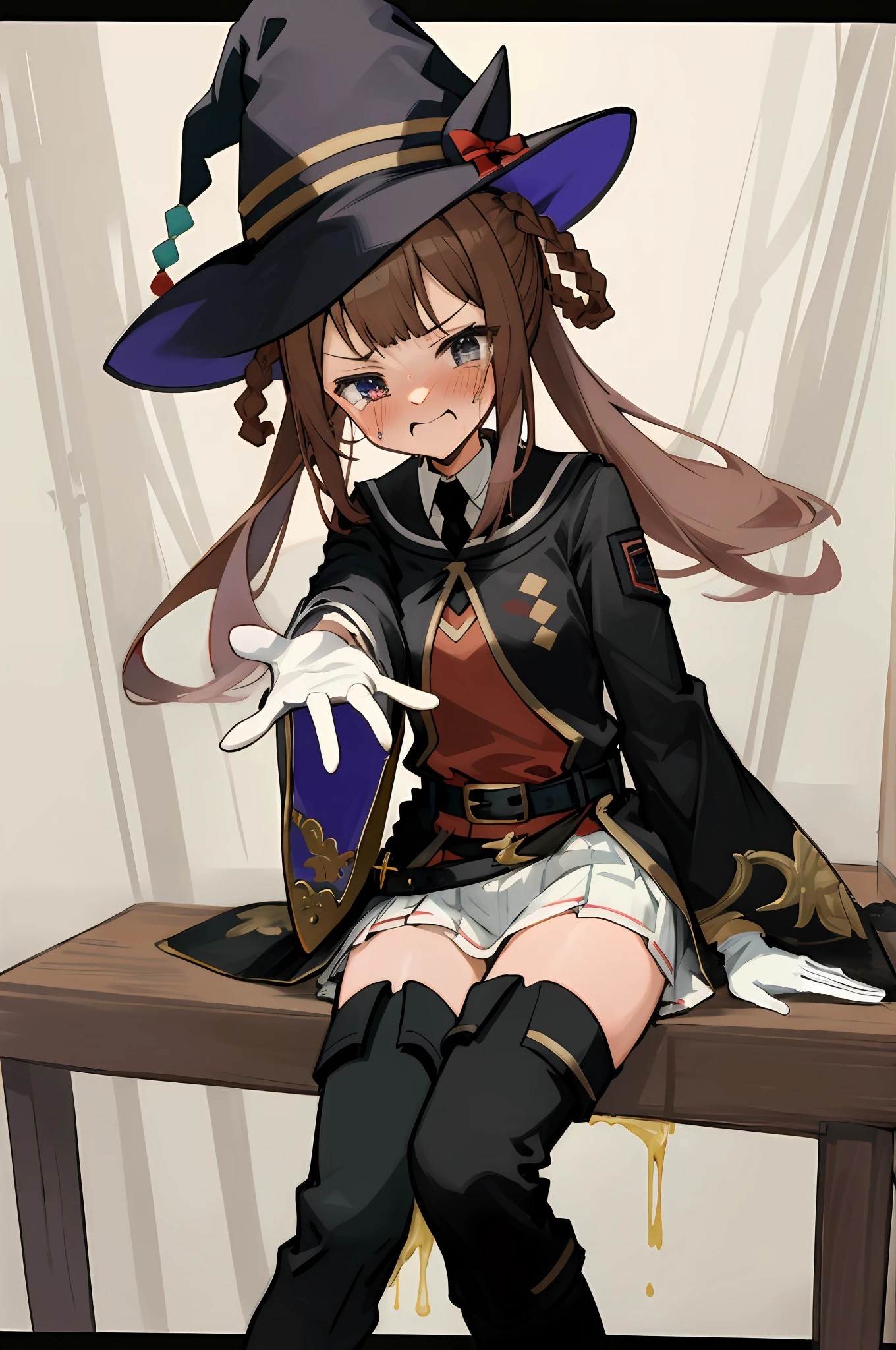 ​masterpiece、beste-Qualit、Best-aesthetic、ultra-detailliert、Sweep Tosho\(Umamusume\)、witch's hat、Black hat、Black tie、shirt with collar、Red Shirt、white glove、Wide sleeves、Black jacket、black robes、buckles、a belt、White skirt、pleatedskirt、black thighhighs、Thigh boots、High heeled boots、sitting on、pantyshot、POV crotch、white  panties、crotch seam、Slouched、feet crossed、nice hand、(Girl is leaking pee)、My crotch is wet、is crying、My cheeks are dyed red、red blush、Crying、‎Classroom