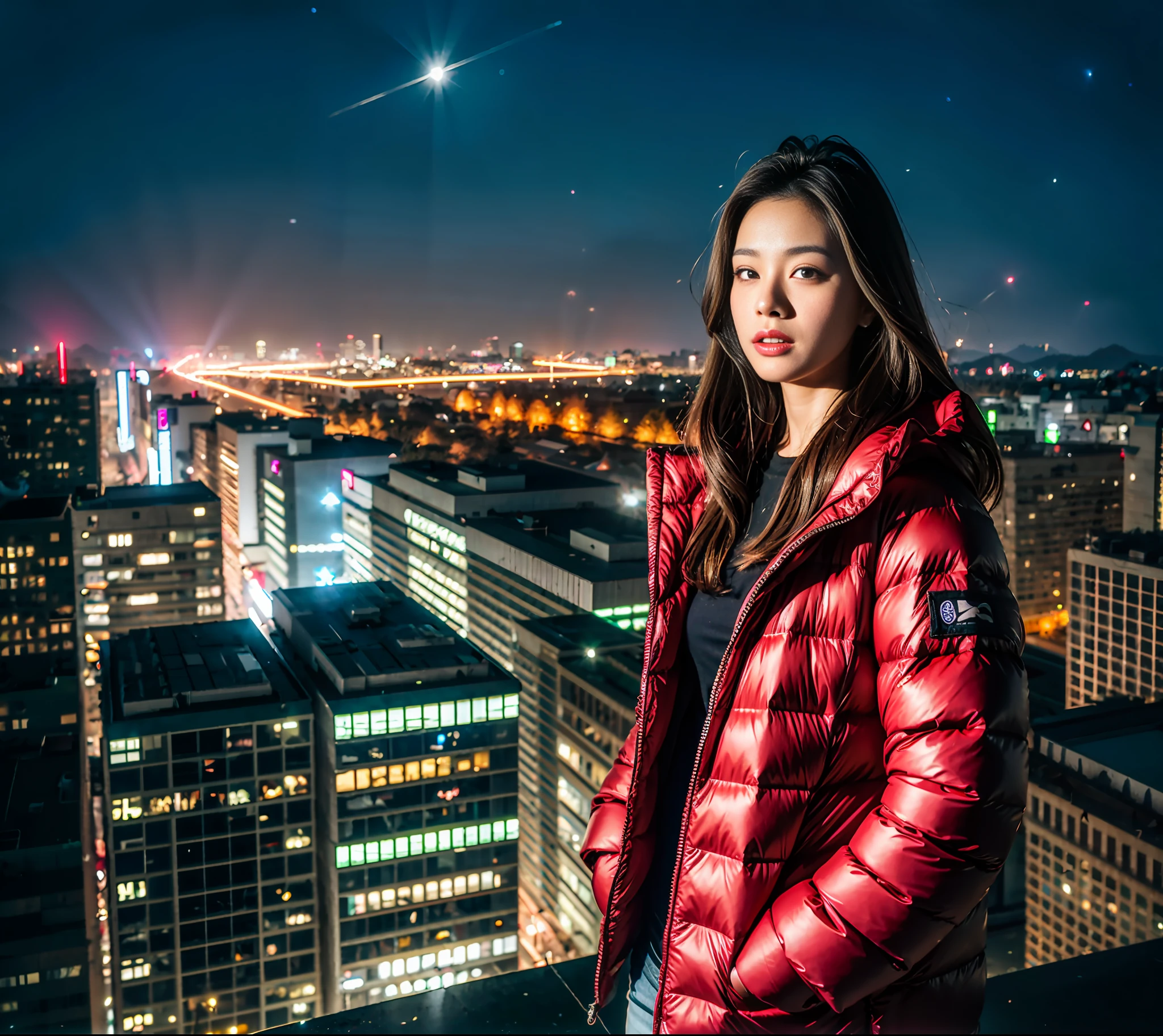 (​masterpiece), beste-Qualit, The ultra-Highres,teens girl, Cyberpunk Stunning cityscape,Japan girl standing on rooftop ,parka,red hairs, Neon Color Shooting Star, verylonghair, off shoulders, feathers hair ornament, neon color, flushed, stunning night sky, 电影灯光, Hphotorealistic, real-looking-skin, HDR,