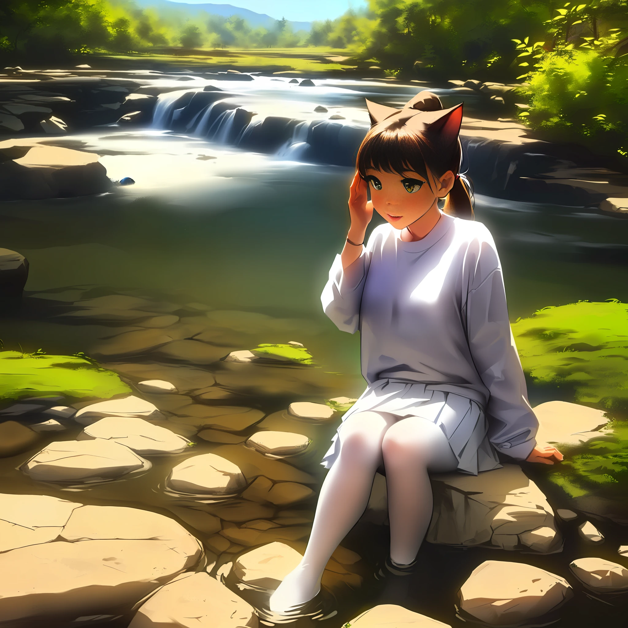 Loli White double ponytail White short skirt White pantyhose Cat ears Sitting in a stream --auto
