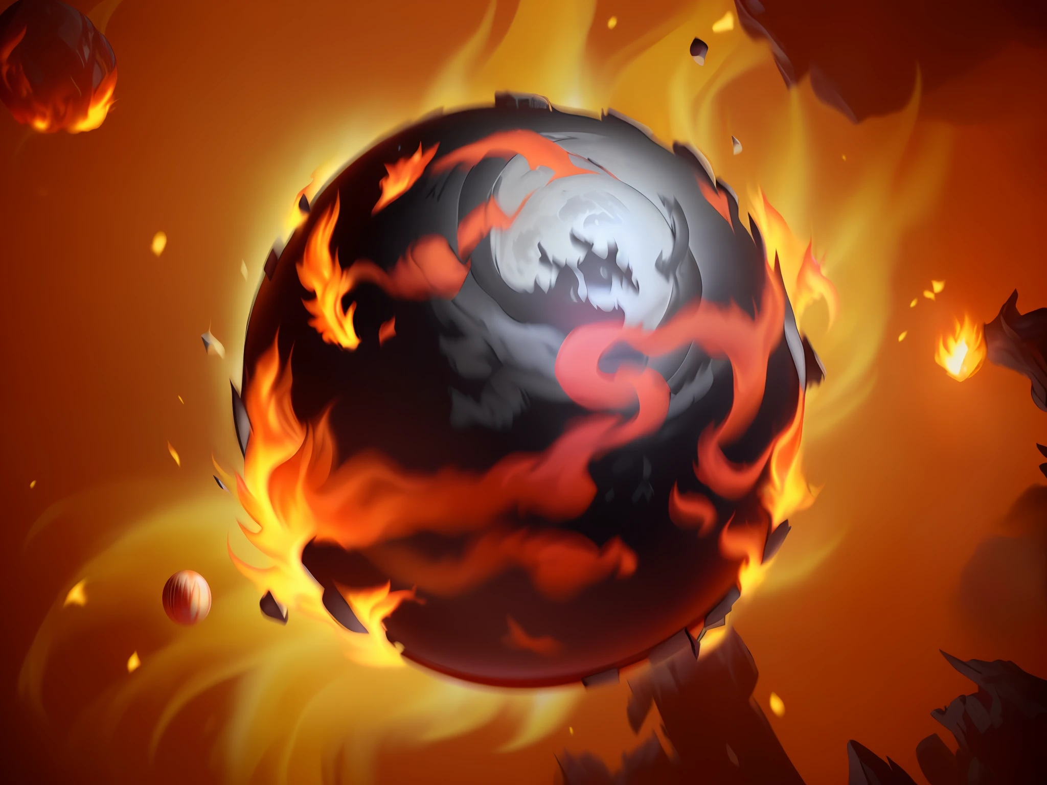 Flames and a black and red ball,There is a dragon on it, black orb of fire, glowing magma sphere, mana flowing around it, infernal enigma, a large sphere of red energy, Fireball, arcane style bomb, Hellfire background, casting fireball, red planetoid exploding, fire powers fire swirling, Flame whirlpool, holy fire spell art