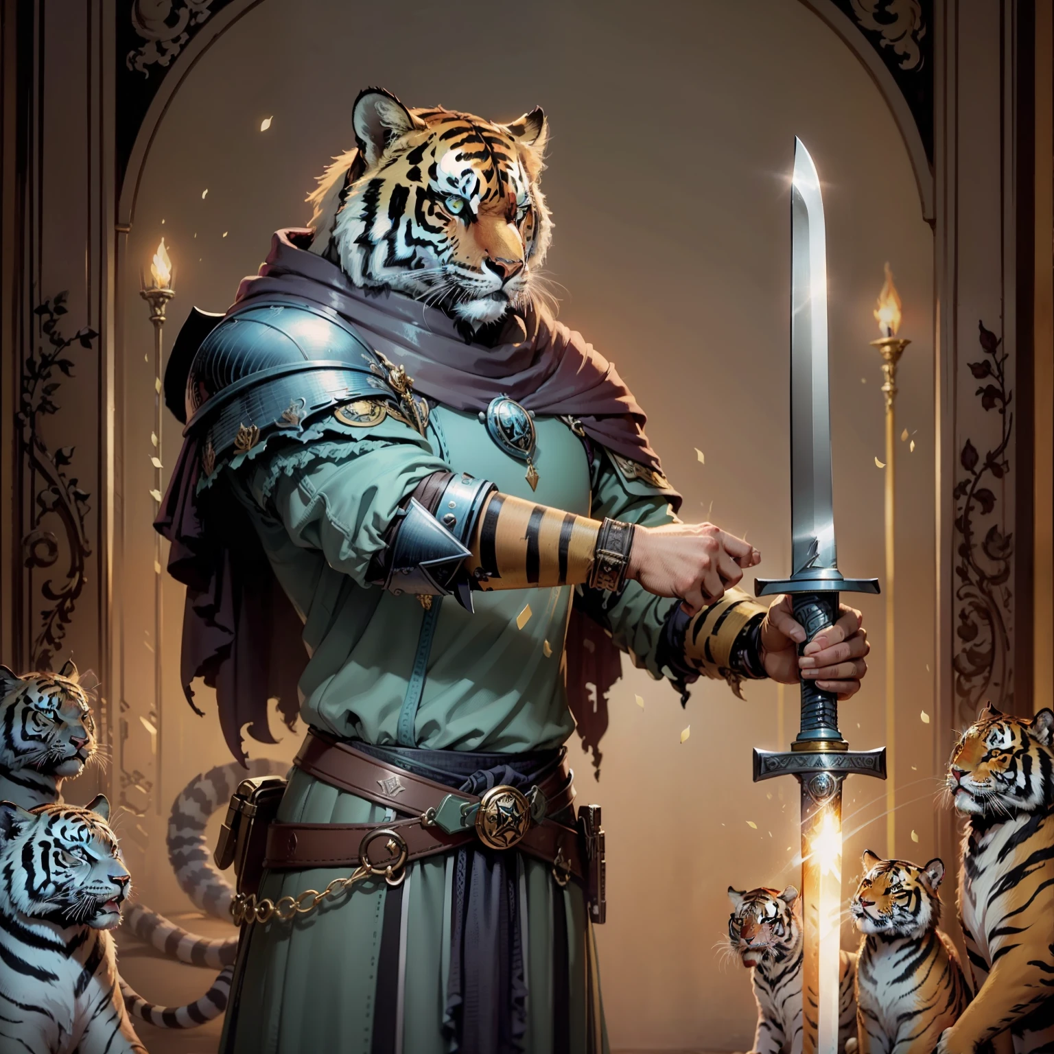 "(melhor qualidade, obra-prima), detalhes ultra-realistas, image in CG wallpaper with 8K resolution, a tiger knight wizard using a sword in one hand and magic in the other, com cartas do tarot em segundo plano."