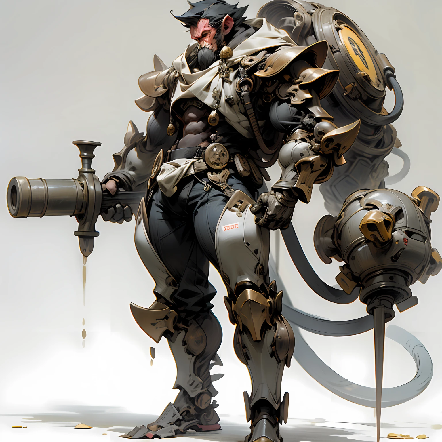 Male monkey, gorilla, Wearing machine armor、He has a huge hammer, The hammer has a banana-shaped motif, Bipedal, Slender, musculine, fullllbody, a white background, without background,No Abandonment, padding:1em