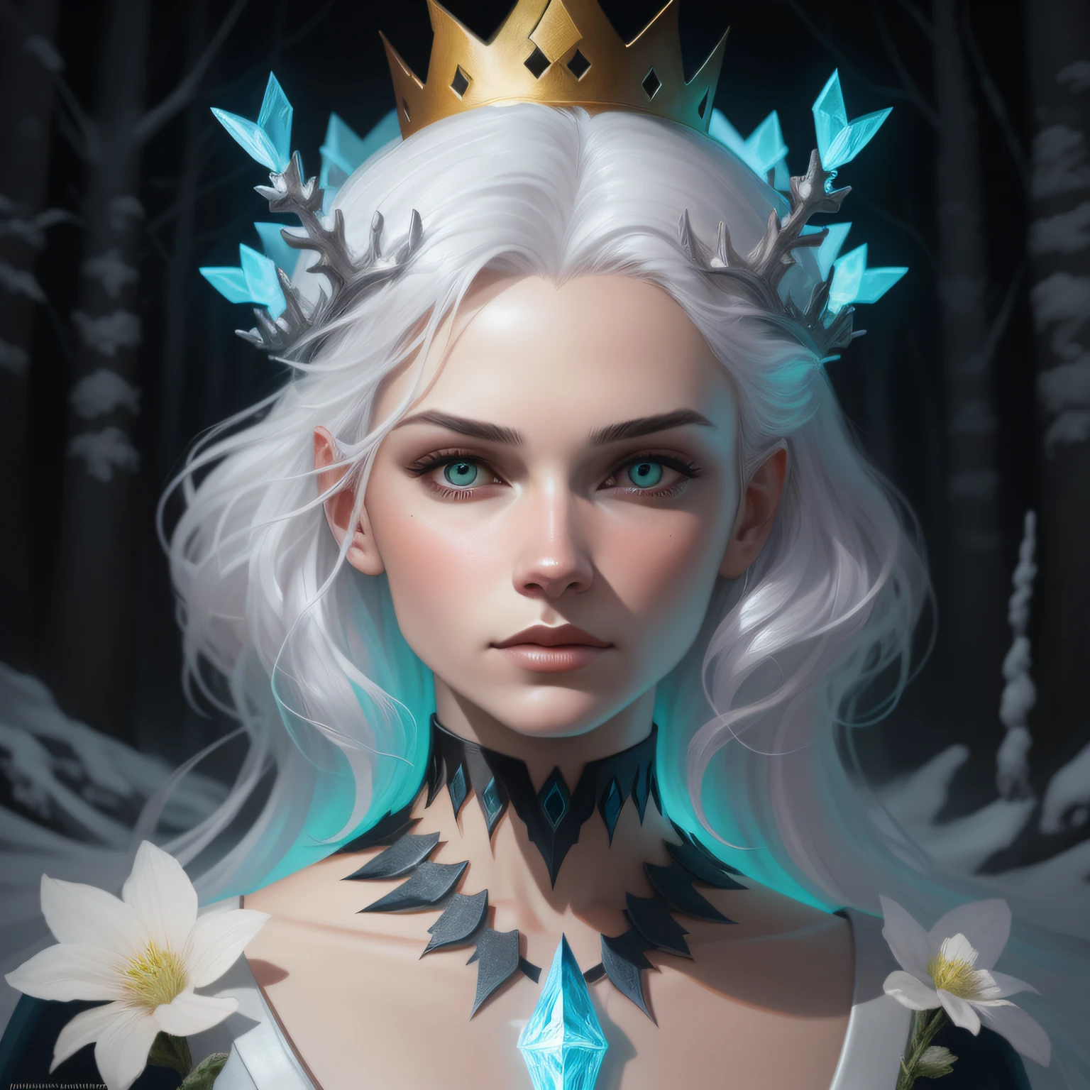 Woman with platinum hair, in a dress of ice flowers, a beautiful crown on her head, detailed face, detailed skin, front, background frozen forest, cover, unzoom, choker, hyperdetailed painting, luminism, Bar lighting, complex, 4k resolution concept art portrait by Greg Rutkowski, Artgerm, WLOP, Alphonse Mucha, little fusion pojatti realistic goth, fractal isometrics details bioluminescens : a stunning realistic photograph 30 years