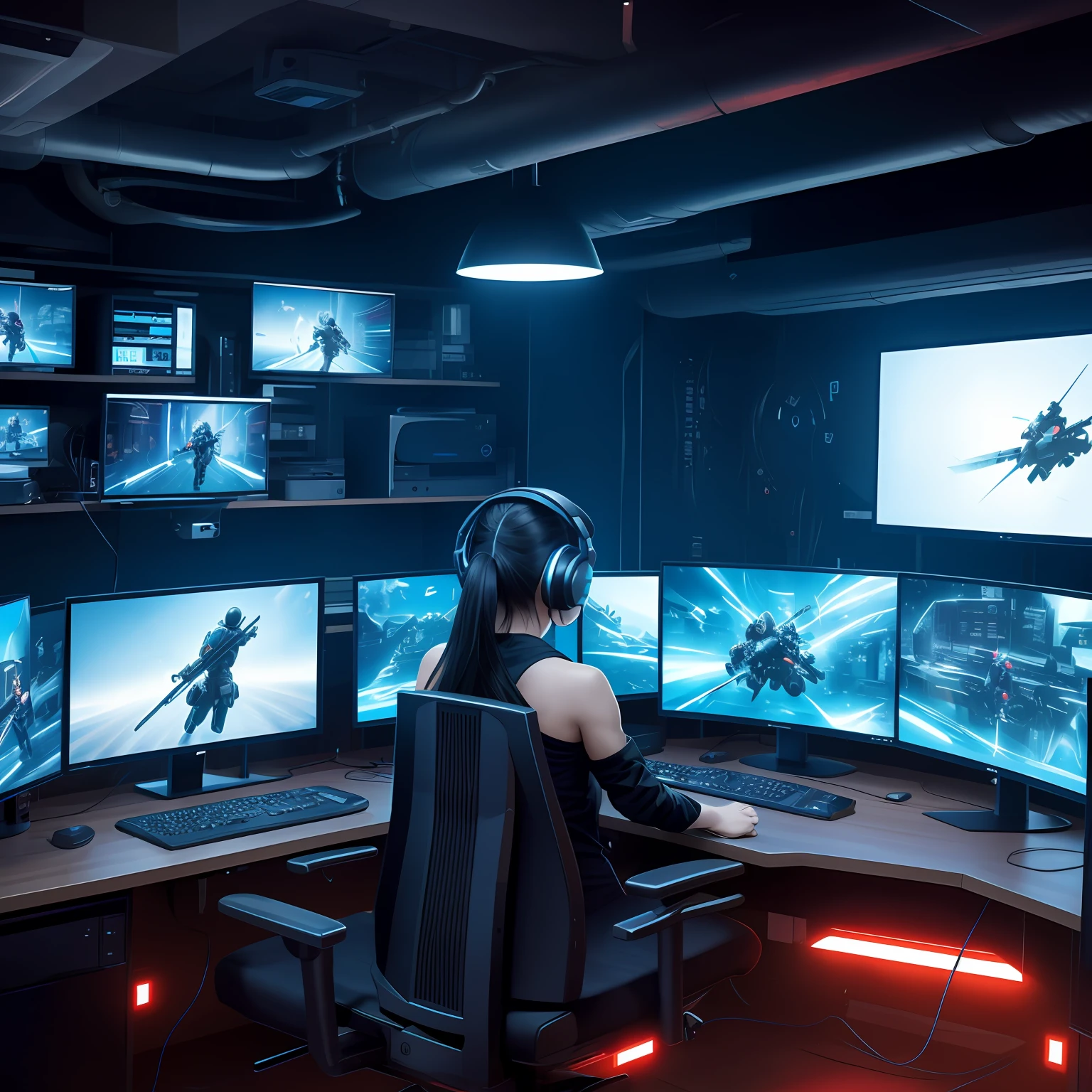 Unpretentious esports boys characters play games at table with their backs to the screen --auto