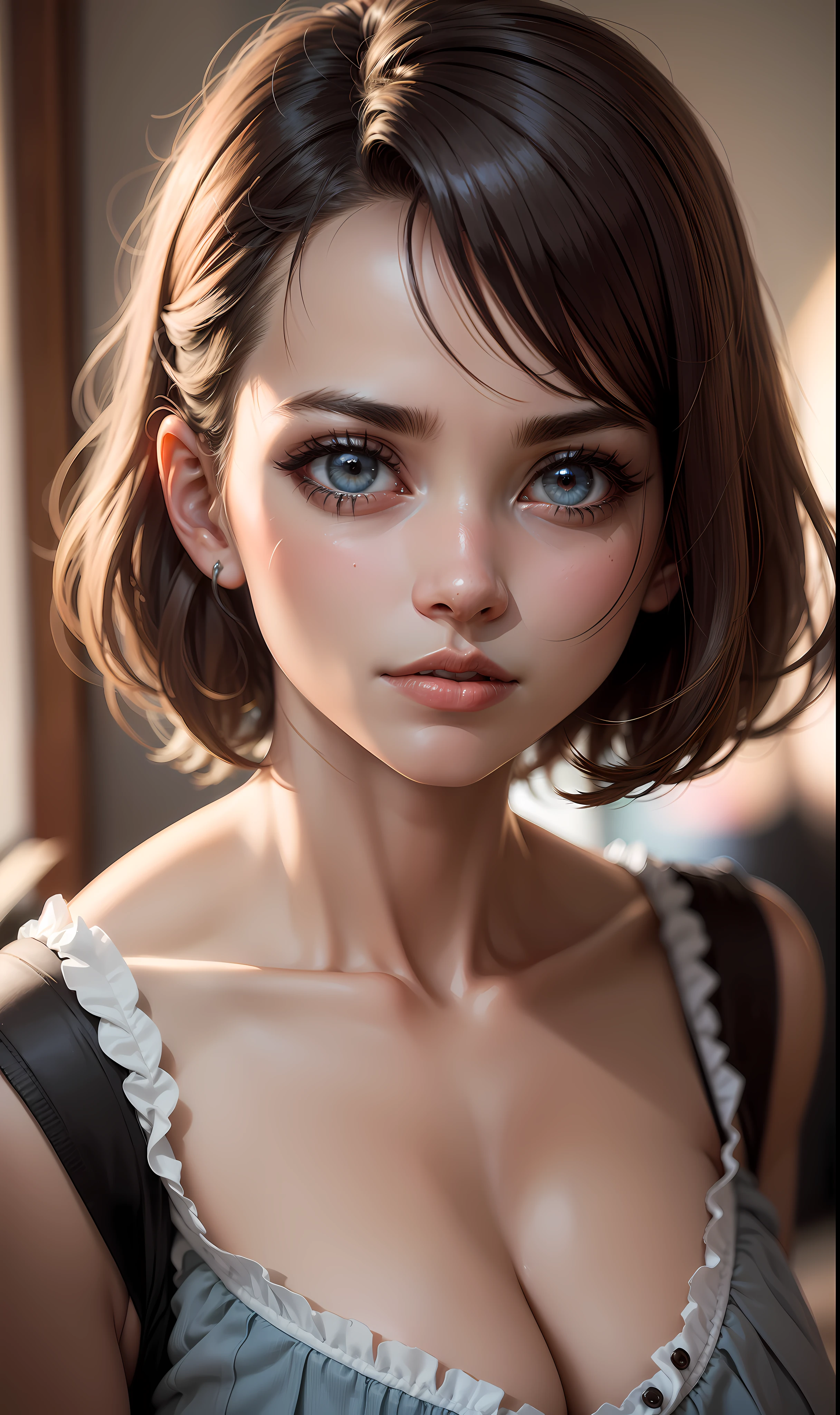 (Stanford: 1.5), close up, obra-prima, melhor qualidade, foto original, realista, rosto, incredibly ridiculous, uma mulher bonita, 23 anos, sexy retro style, bonito, cabelo curto, profundidade de campo, alta resolução, ultra-detalhado, detalhes finos, extremamente detalhado, olhos e rosto extremamente detalhados, pupilas afiadas, pupilas realistas, foco nítido, cinematiclighting, pelos faciais