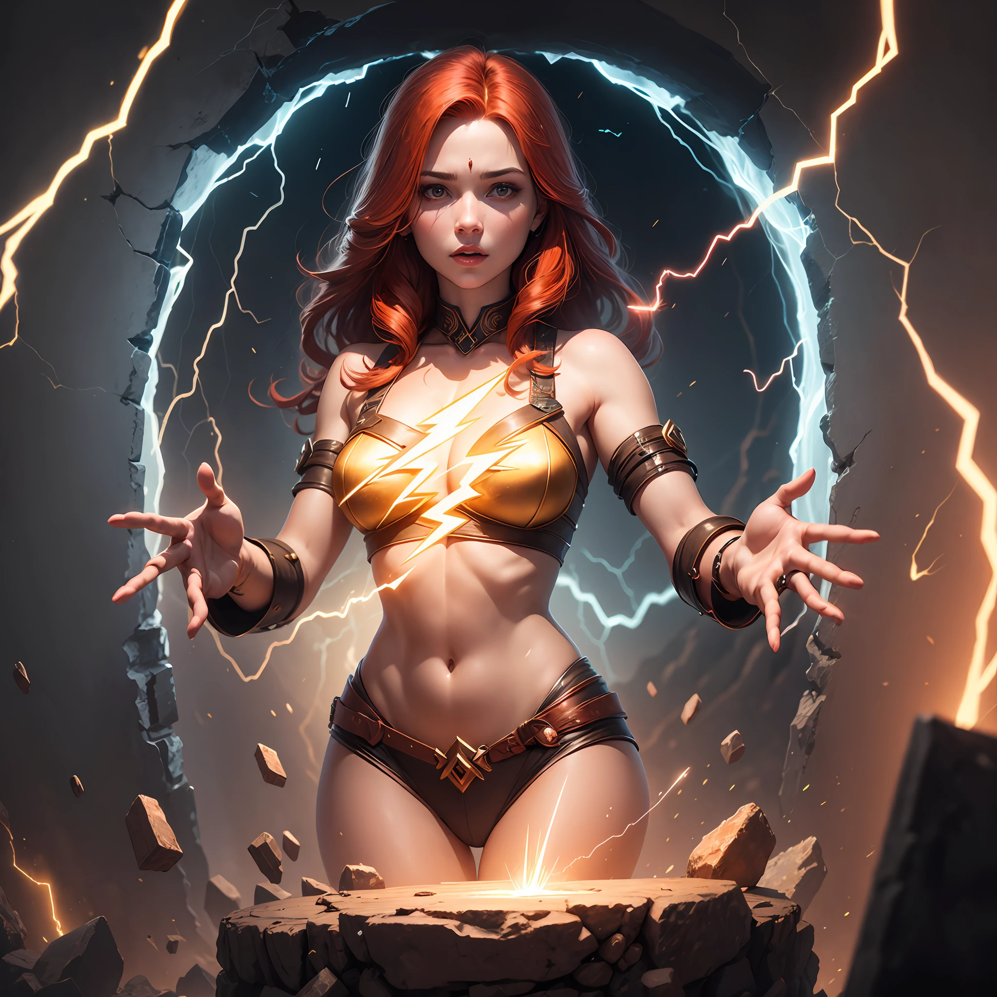 Red-haired woman sorceress with pieces of gold casting lightning bolts with her hands behind her is a portal with several runes, Surrealism, 4K --auto
