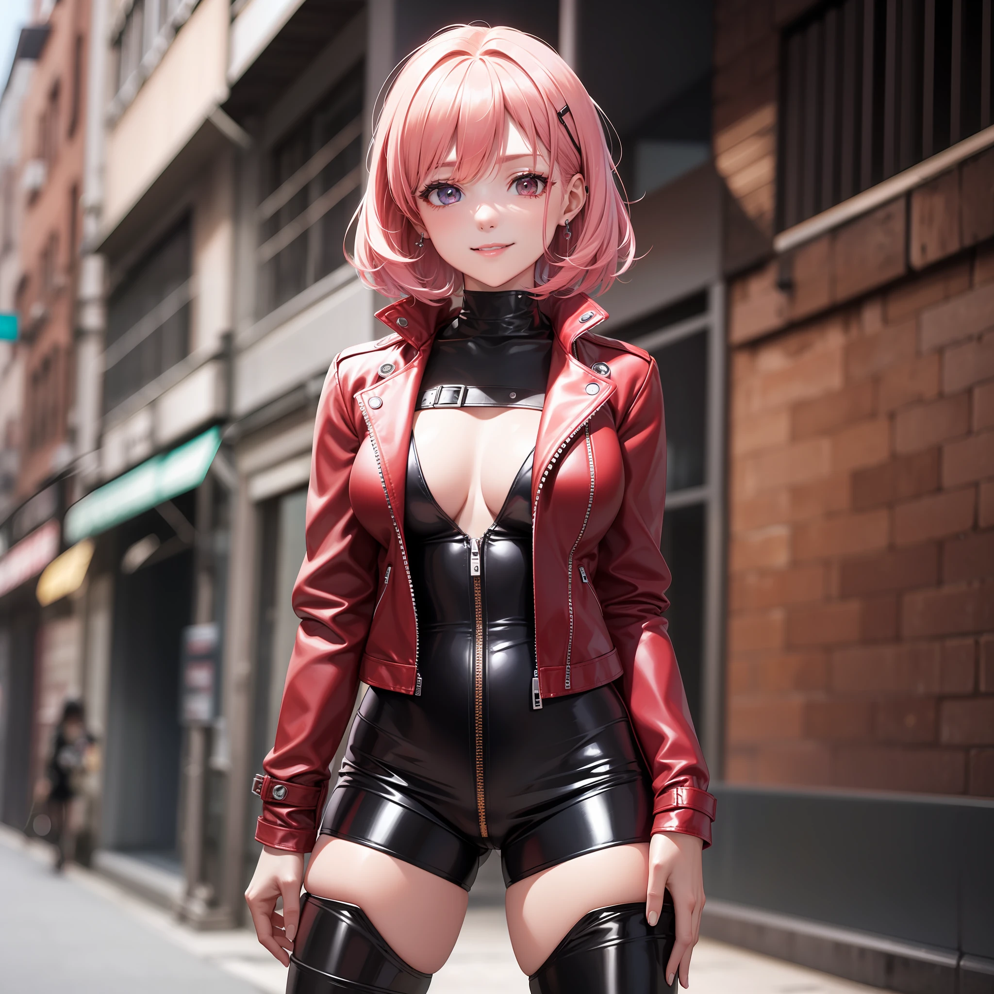 cyberpunked Red leather jacket Kizi smil beste-Qualit masterpiece Super-High Resolution Pink hair Red bodysuit Long