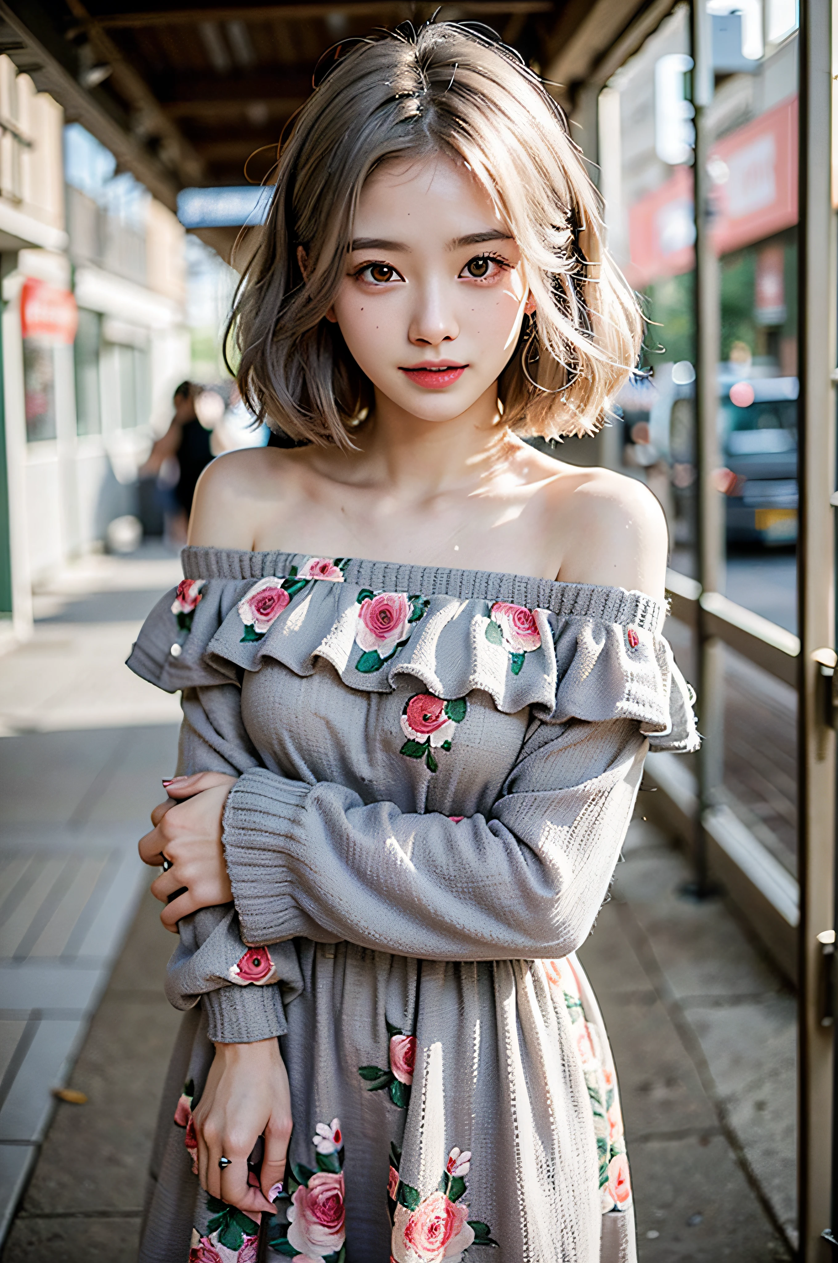 (delicate illustration:1.3)、(masterpiece:1.0)、(beste-Qualit:1.4)、(The ultra-Highres:1.2)、(Hphotorealistic:1.4)、(8K、Raw photography:1.2)、(foco nítido:1.3)、fullllbody、(23years old:1.4)、(((One girl wearing a detailed off-shoulder knitted dress)))、((Girl with short bob hair))、(((Girl with gray hair color)))、(Brightly colored clothing)、(Clothes with floral patterns)、(((urban backdrop)))、((Brown contacts、Sweaty white skin))、鎖骨、hugetits、(Happy smiling face)、landscapes、bangss:1.2、beautiful detailed eye、(sface focus)、 When you look into the camera、Slimed、Slender West、Thin leg、(cute little)、(Beautiful fece)、showing the view from above、pureerosface_v1、ulzzang -6500-v1.1