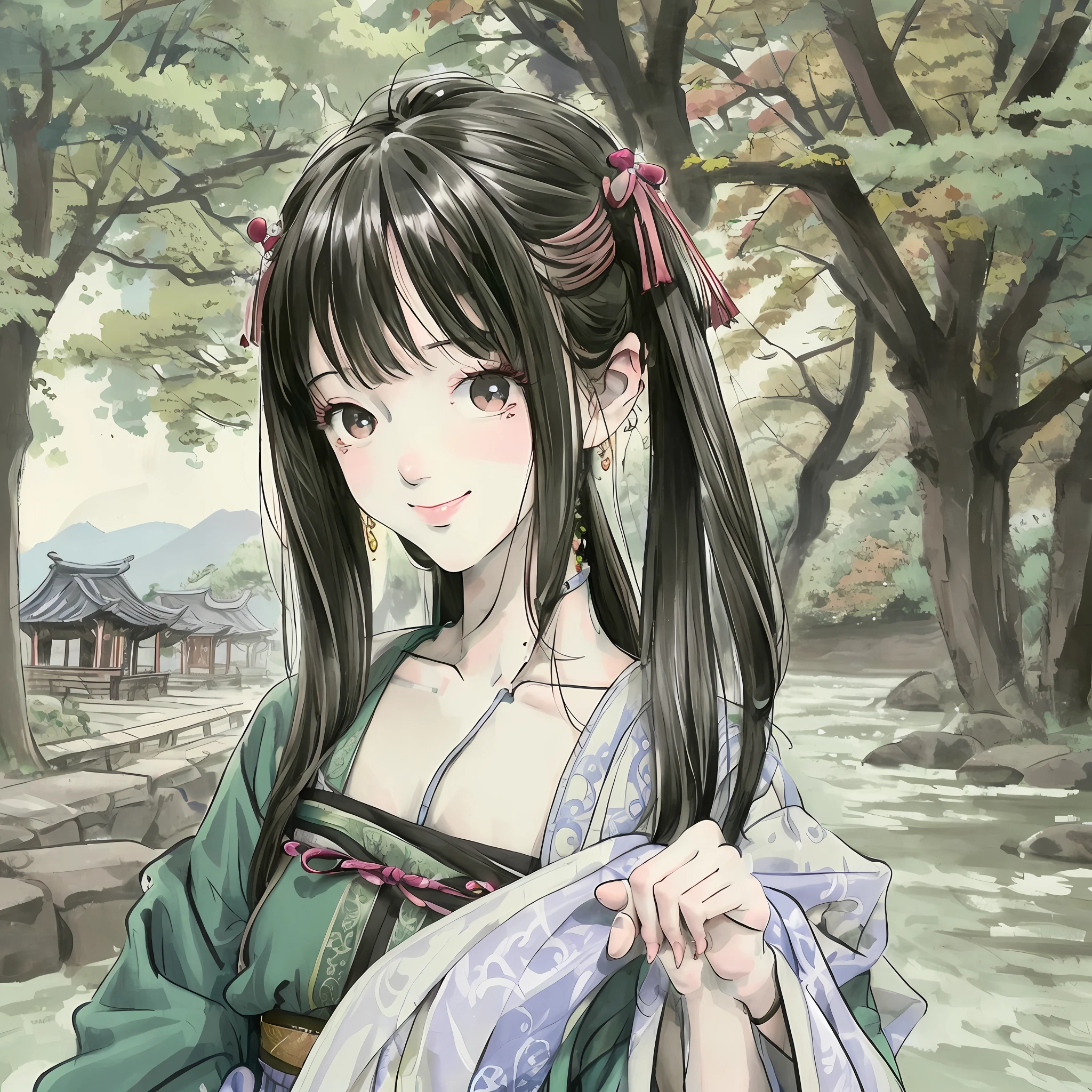 (masterpiece),best quality,good anatomy, shuimobysim,(1 girl:1), (upper body),(smile),short hair,(hanfu),(ecchi0.5), (trees:0.5), (flowers:0.6) ,(wooden house:0.2),(bamboo forest:0.2),(creek:0.2),(river:0.2),