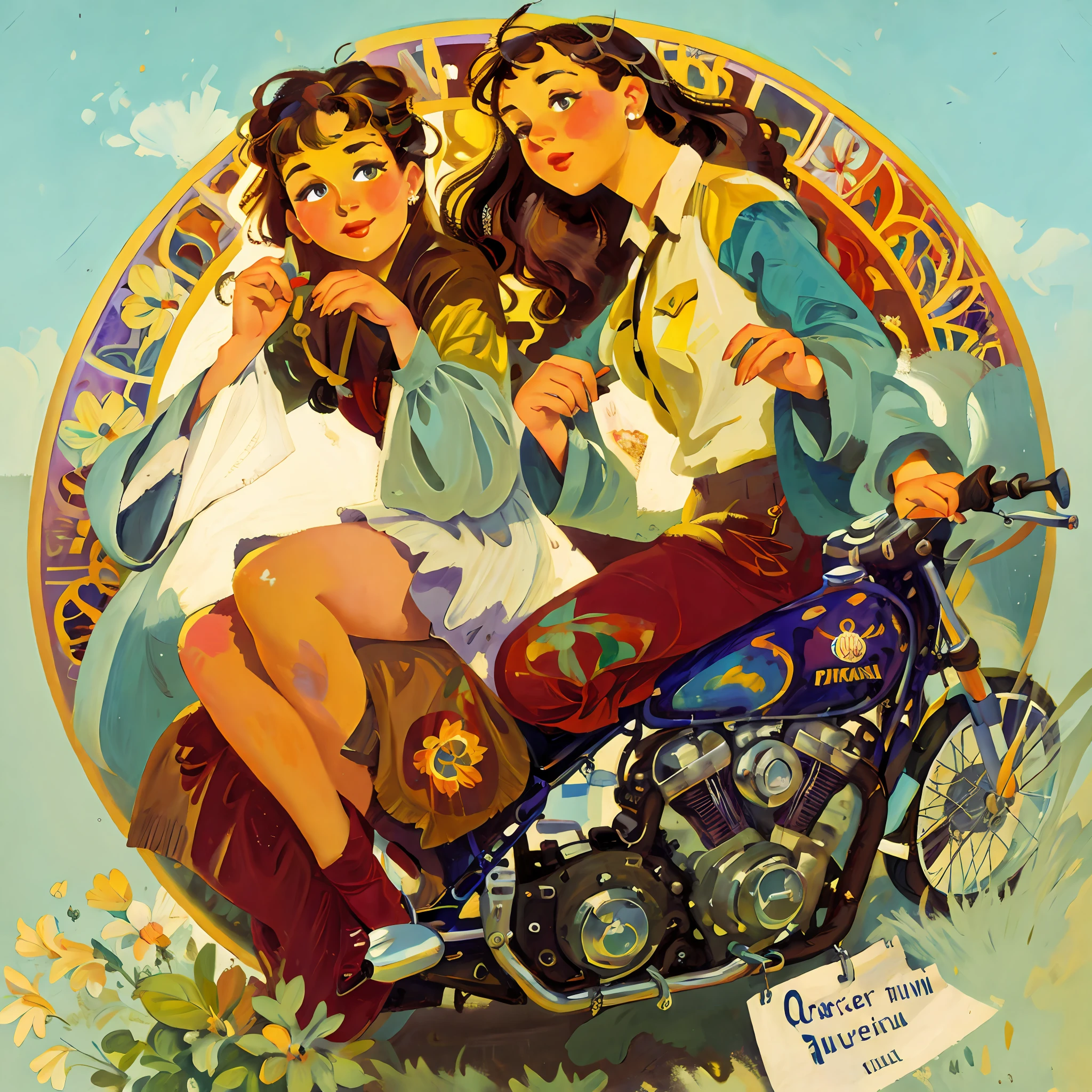 a painting advertisement of a woman sitting on a motorcycle with a sky background, hyperrealistic art nouveau, alphonse mucha style, art nuveau, in art nouveau style, mucha style 4k, mucha. art nouveau. gloomhaven, mucha style, modern art noveau, artem demura alphonse mucha, alsphonse mucha