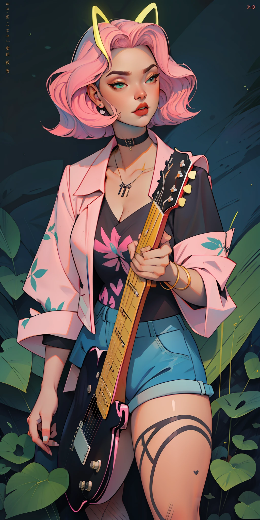 Background, In chic boho style, in club, Ice cream print, multi-colored neon lights, neon garlands, rose hair, mixed-language_SMS, Japanese, (beautiful and clear background:1.2),, fantastic paintings ,graffit style, highly detail eyes , ?????????, lace, latex, Pink, Purple, mint, Blue, Yellow, belve, lavender hair, Skull Print, body piercings, Loving, Love, ultra detail hair, Masterpiece, Best Quality, hiquality, hight resolution, detail enhancement, ((most beautiful image in the world)), Masterpiece, Best Quality, hiquality, hight resolution, detail enhancement, ((most beautiful image ), Shiny pink degrade hair, Ultra Short Fitted Stampa, art by stjepan sejic, art by j scott campbell, Artist Guillem March, art by citemer liu, 4k, hight resolution, comic book character, comic, high quality detailed,   style of ::2.0 comix illustration style,tatoon style, hiquality, hight resolution, detail enhancement, 8K, HD, Best Quality, hiquality, hight resolution, detail enhancement, 8K, HDR, sharp-focus, Ultra Detailed, perfect  lighting, Curvy Body, Lush ???????, Curvy ????, skull print on clothes, rock, rock star, Cool,black leather jacket with skull print, style of, spikes, Punk Rock, Wolf, Cat's ears, Cool bracelets, Choker, calavera, gotik, Short shorts, fishnet pantyhose,  (((plays the guitar))) plays the electric guitar, Plays, electric guitar, musician, guitarist, neon strings, virtuoso, Heart Print, Heart, glares, Multi-colored highlights, disco, cacti,  Succulents,