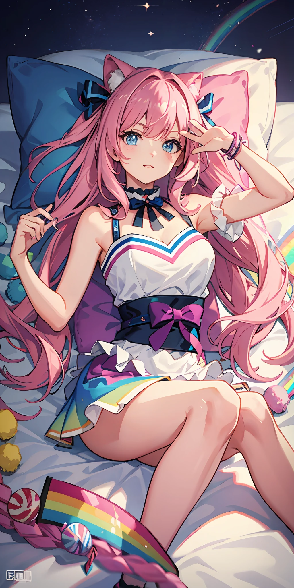 pink candy land, pillows, rainbow mix,vibrant colors,8k,sharp,anime,