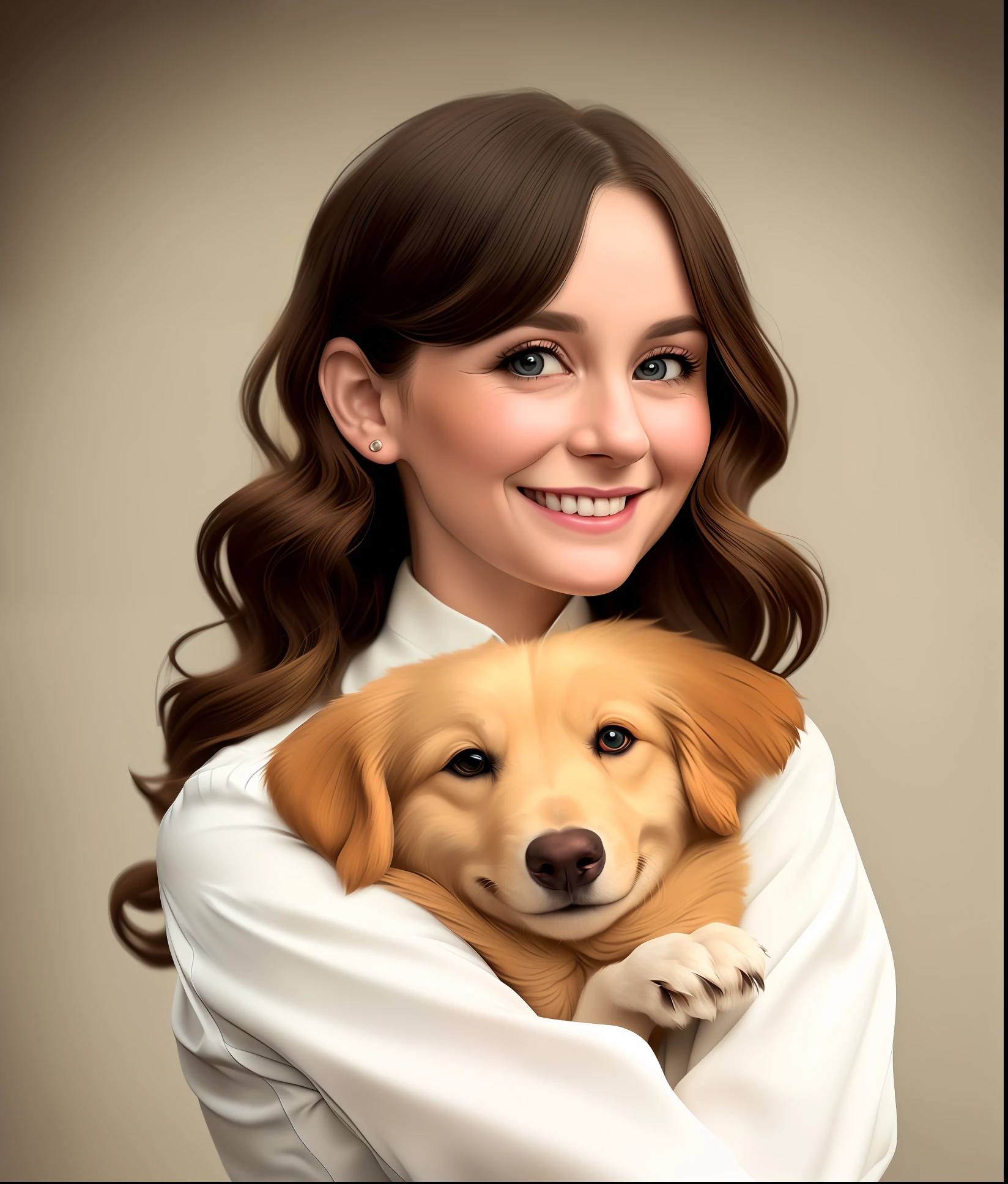 smiling woman holding a dog in her arms, retrato de alta qualidade, foto retrato realista, pintado digitalmente, retrato de ultra realista, retrato detalhado, arte realista, retrato bonito, arte digital. foto realista, realistic studio portrait, retrato promocional, imagem realista, foto de retrato em close-up, imagem ultra realista, retrato realista, foto de retrato detalhada, foto de retrato, fan art, Close portrait, Fanart