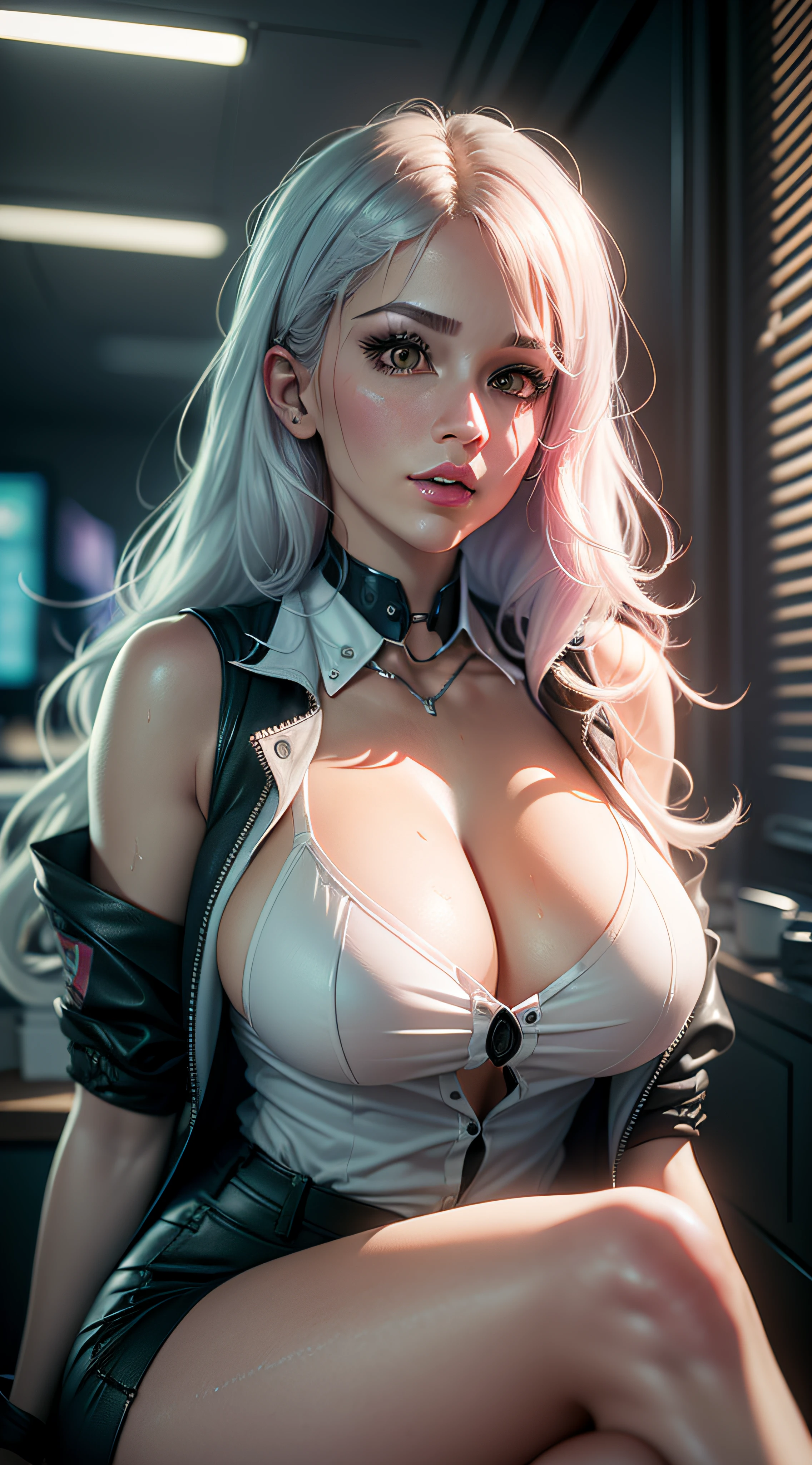 (Best Quality), ((Masterpiece),,  (Detail: 1.4), 3D, A Beautiful Cyberpunk Woman, HDR (High Dynamic Range), Ray Tracing, NVIDIA RTX, Super-Resolution, Unreal 5, Subsurface Scattering, PBR Textures, Post-Processing, Anisotropic Filtering, Depth of Field, Maximum Sharpness and Clarity, Multi-layer Textures, Albedo and Highlight Maps, Surface Shading, Accurate simulation of light-material interactions, perfect proportions, Octane Render, two-color light, large aperture, low ISO, white balance, rule of thirds, 8K RAW, realistic, (dignified fluff, perfect proportions, bright eyes, light makeup, big black eyes, pink and moist lips), white hair, big black eyes, cold storage, sharp eyes, flowers, (masterpiece, realistic, high resolution), ((1 girl): 1.2), ((white wavy long hair): 1.3), (business ???? suit, office documents, sitting at desk, playing with mobile phone), ((???????????): 1.5, thin waist: 1.2, strangled thighs: 1.3, fair and moist skin)