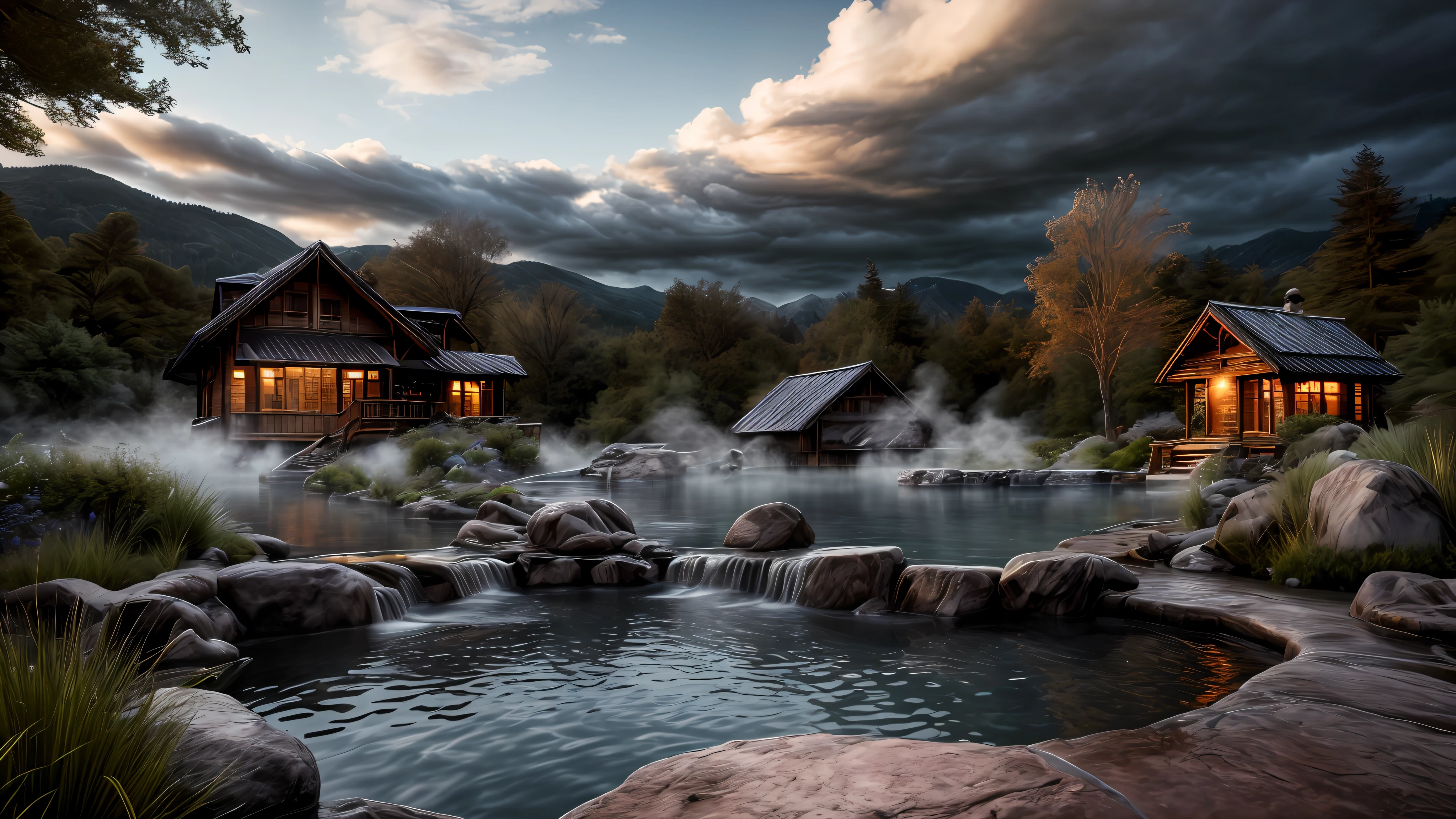 Unparalleled masterpiece, (photorealistic:1.4), best quality, beautiful lighting, (hot spring), (extremely detailed CG unity 8k wallpaper), full shot landscape photo of the most beautiful artwork in the world, cloudy sky background lush landscape house and trees illustration concept art