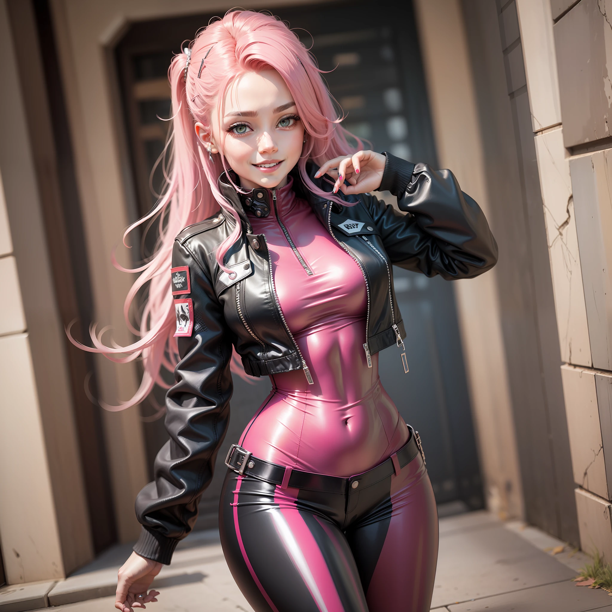 cyberpunked Red leather jacket Kizi smil beste-Qualit masterpiece Super-High Resolution Pink hair Red bodysuit leather pant