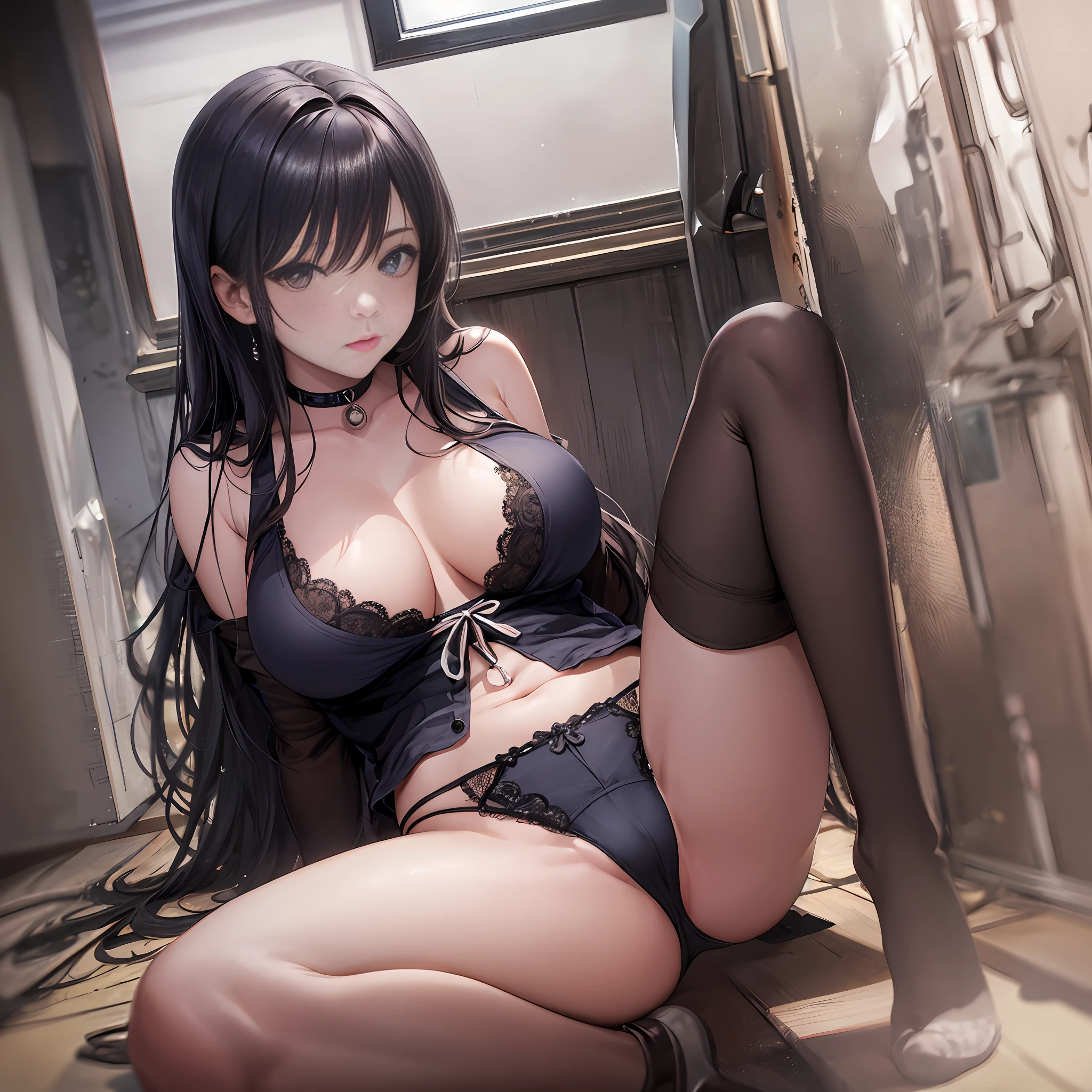 HighestQuali,full body detailing,the golden ratio,(Theatre lighting:0.7),tmasterpiece,Viewer Angle Shot,Anime style(Short and messy black shoulder-length hair,Attractive anime high school girls,Sexy high school girl,18-year-old Japanese student wearing school uniform,Looks straight with cute E-cup-sized breasts,(Sit on the floor with your legs open),gigantic cleavage breasts,full-body portraits,s the perfect face,Amazing eyes, vivd details, (highly detailedskin), (Blue tones: 0.6), (Blood: 0.7), AccentLighting (The light from the back window is backlighted: 0.5), depth of fields, Canon 5D, 50mm lens, f/4 aperture, (super detailing), tack sharp focus, pastelcolor, 8K, conscious, 8mm film grain, War photography, Perspective wear angle shooting, (Lace panties:1.5), Let her Tifa --auto