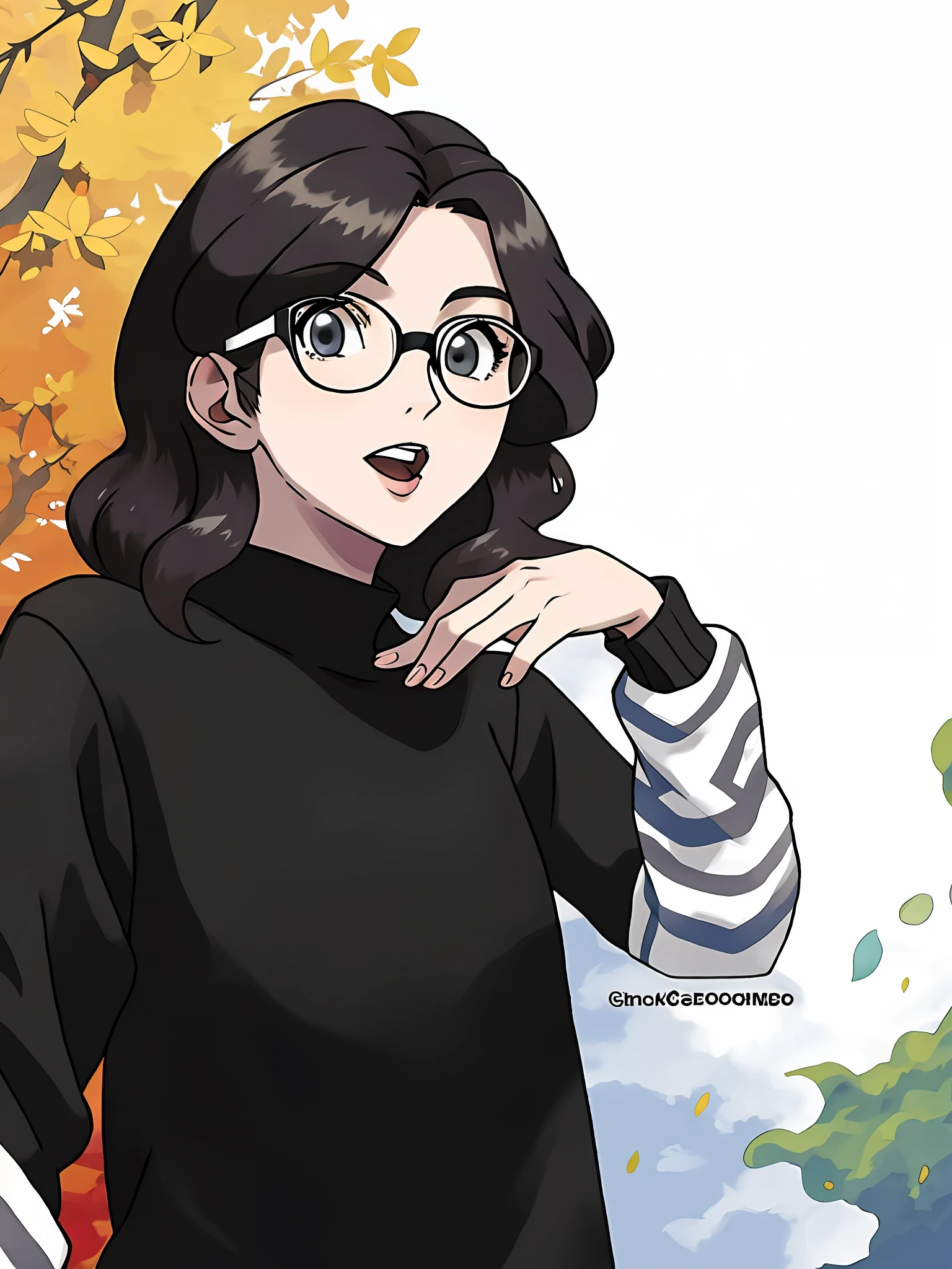 there is a woman with glasses and a black and white shirt, androgynous person, com longos cabelos cacheados, androgynous, foto do perfil, androgynous male, imagem de perfil, com cacheado longo, ele tem cabelos castanhos curtos e cacheados, com cabelos longos, anime, Estilo anime, Pokémon Game Style, Estilo Ken Sugimori