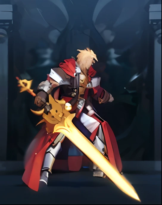 a close up of a person holding a sword in a room, picture of a male cleric, shadowverse style, chrono trigger guilty gear style, Gunnier, dual wielding two magical swords, casimir art, jrpg character, male paladin, brandishing powerful sword, an epic majestical degen trader, guilty gear art style, flame conjuring armored