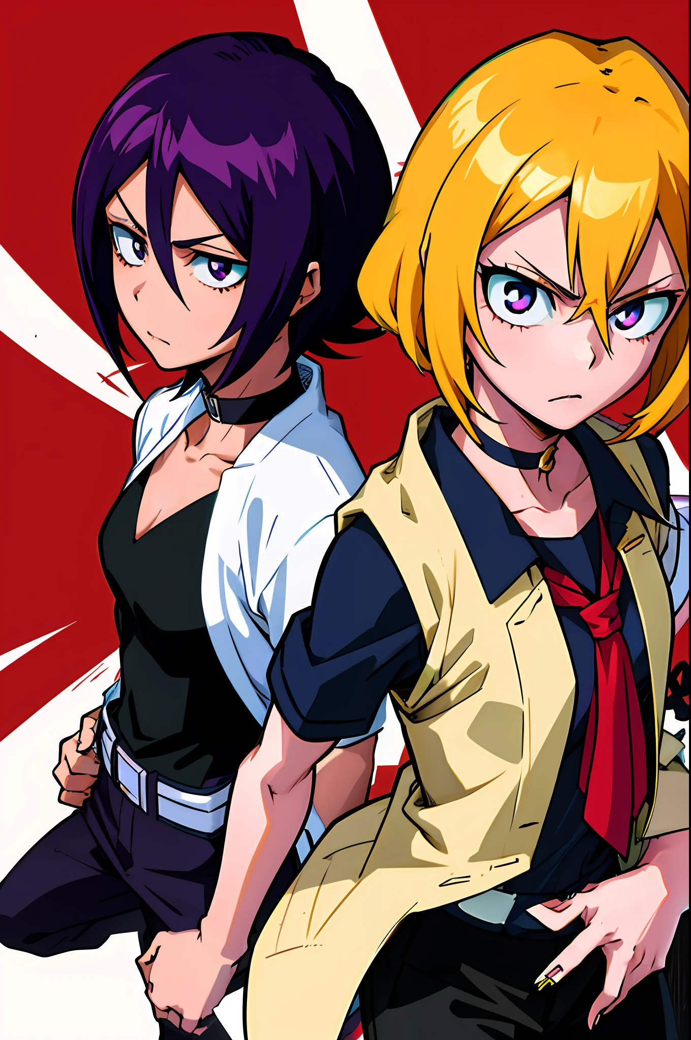 1girl, purple eyes and dark purple hair, bob cut, medium length haircut, black leather jacket, long red-colored shirt with several rips at the collar and hem, black pants, black choker, (bleach and boku no hero academia style), (illustrated by Kohei Horikoshi and Tite Kubo), (style mixing), Kyoka Jiro, Rukia Kuchiki, (character mixing)